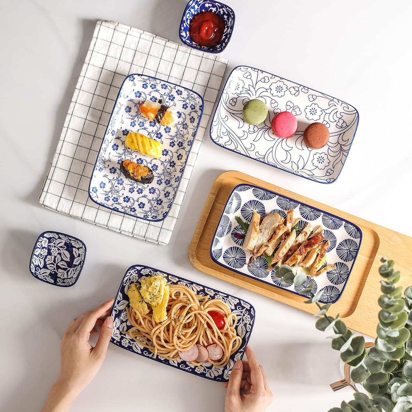 Selamica Ceramic Rectangular Salad Plates Set, Dinner Plate 9.4 Inch Dessert Plates for Party Entertaining, Small Serving Plates for Appetizers, Sushi, Fruit, Set of 4, Vintage Blue