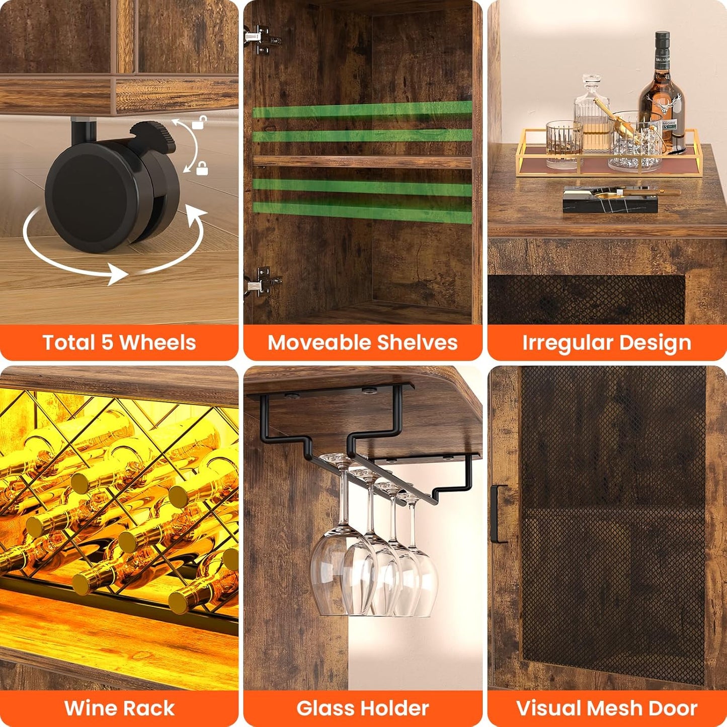 Wine Bar Cabinet with Wheels, Small Liquor Cabinet with LED Light, Home Bar Cart with Power Outlets, Coffee Bar with Wine Rack, Glasses Storage for Kitchen, Dining Room, Living Room, Vintage