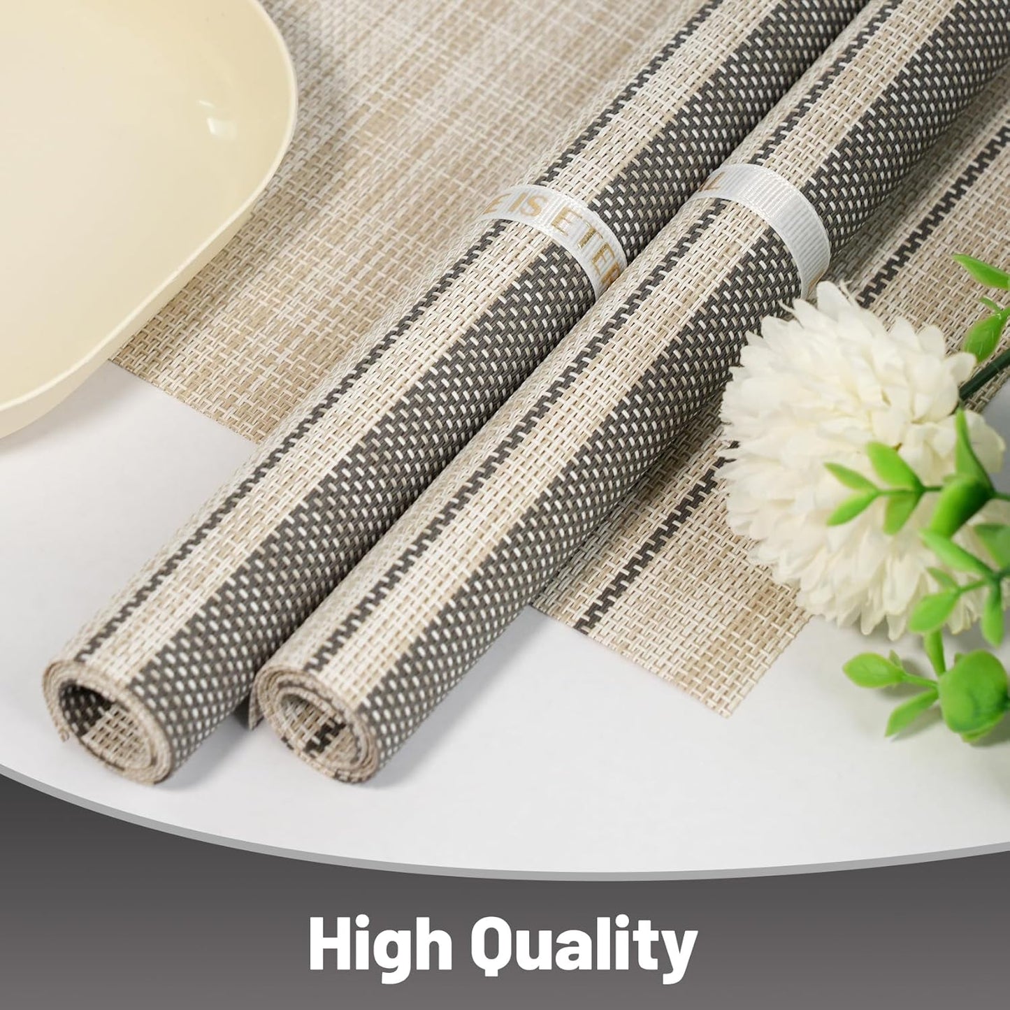 Placemats Set of 8,Non-Slip PVC Weave Table Mats Easy to Clean,Heat Resistant Place Mats for Kitchen Dining Table Decoration Indoor Outdoor,Khaki Gray