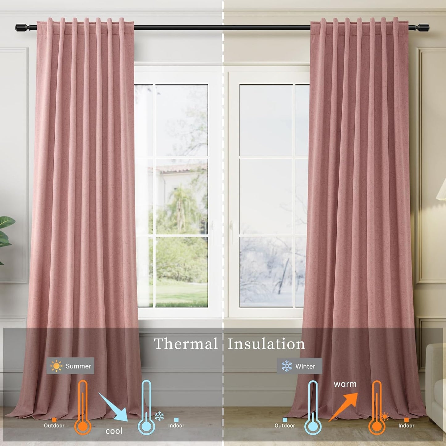 BOODII Room Darkening Curtains 120 Inch Thermal Insulated Black Out Linen Drapes Extra Long Blackout Curtains for Patio Door Large Window Ceiling to Floor Light Blocking Blush Pink 52x120