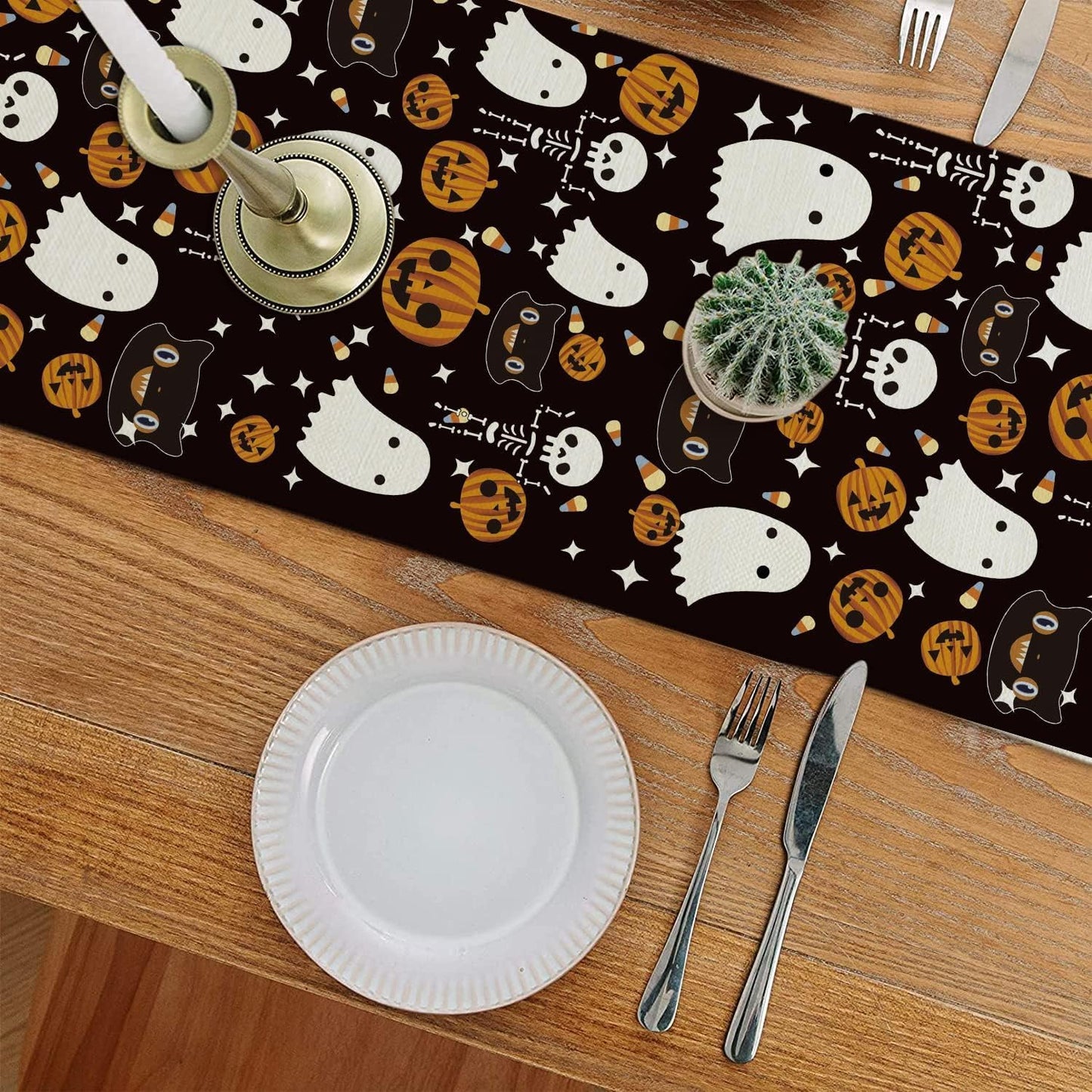 Halloween Table Runner Black Cat Pumpkins Seasonal Kitchen Dining Table Home Outdoor Party Decorations 13x120 Inch