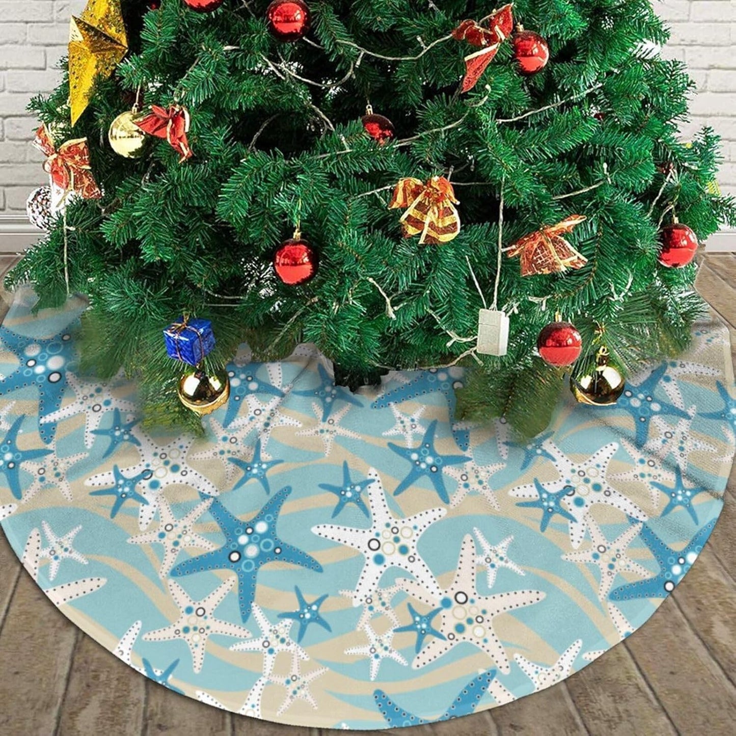 Christmas Tree Skirt,Beach Starfish Xmas Tree Skirt Rustic Farmhouse Tree Skirt for Christmas Decor Xmas Holiday Home Party Decorations36