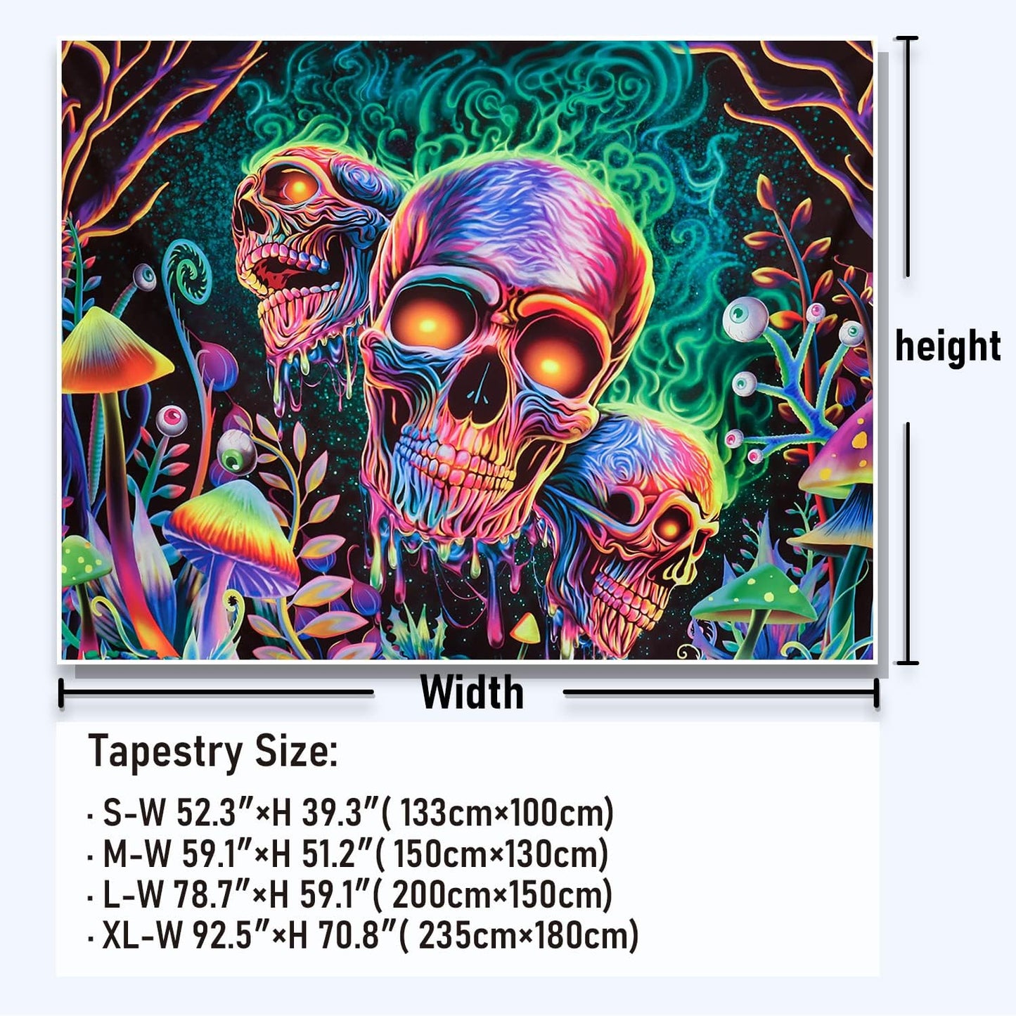 Amonercvita Blacklight Skull Tapestry Trippy Skeleton Wall Tapestries UV Reactive Neon Plants Trees Tapestries Aesthetic Galaxy Space Tapestry Wall Hanging for Bedroom Decor(W51.2×H59.1 inches)