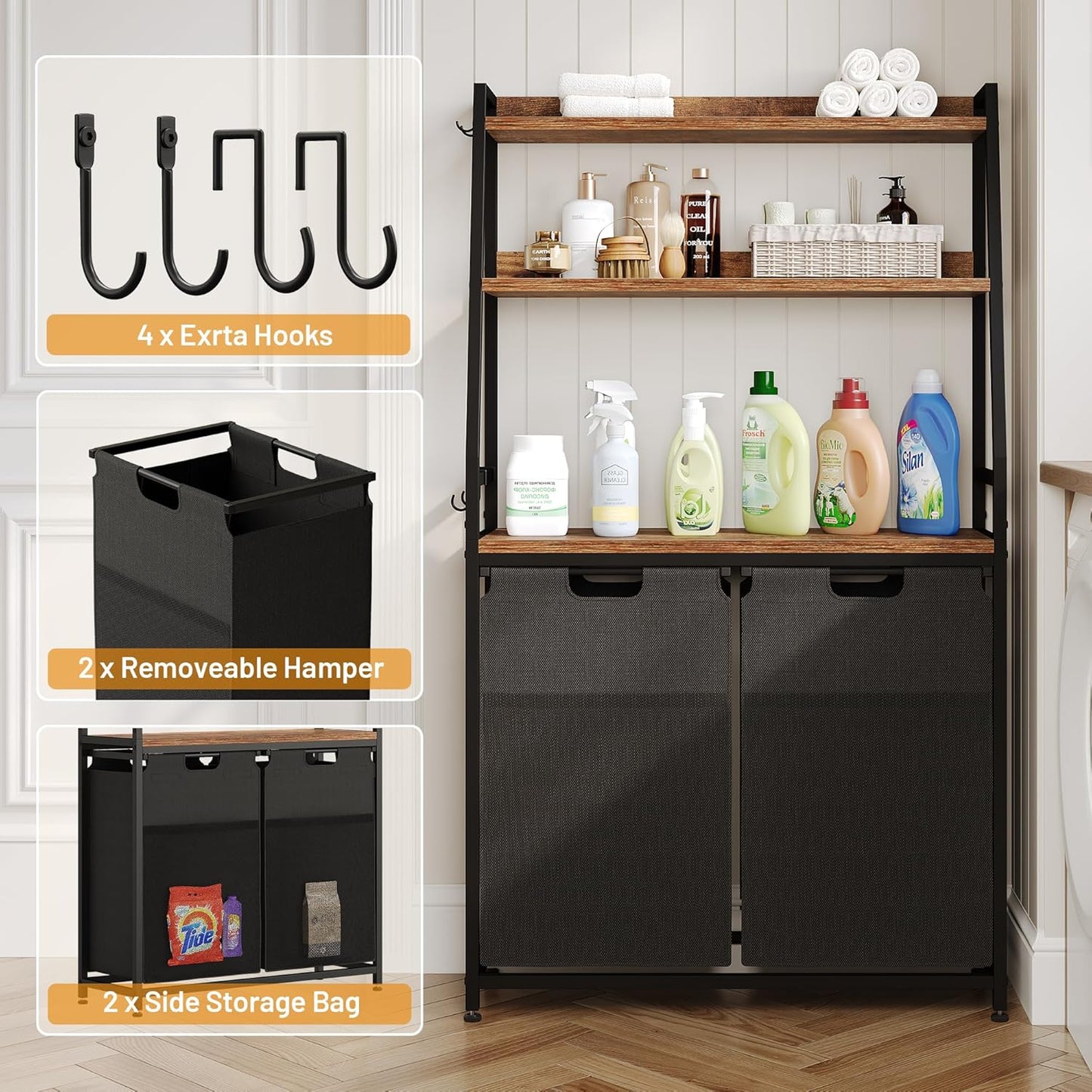 Lulive Double Laundry Hamper with Shelf, Laundry Basket with 3 Tier Storage Shelves & 4 Removable Hooks, Tall Laundry Sorter Clothes Hamper with Pull-Out Bags for Bathroom, Laundry Room
