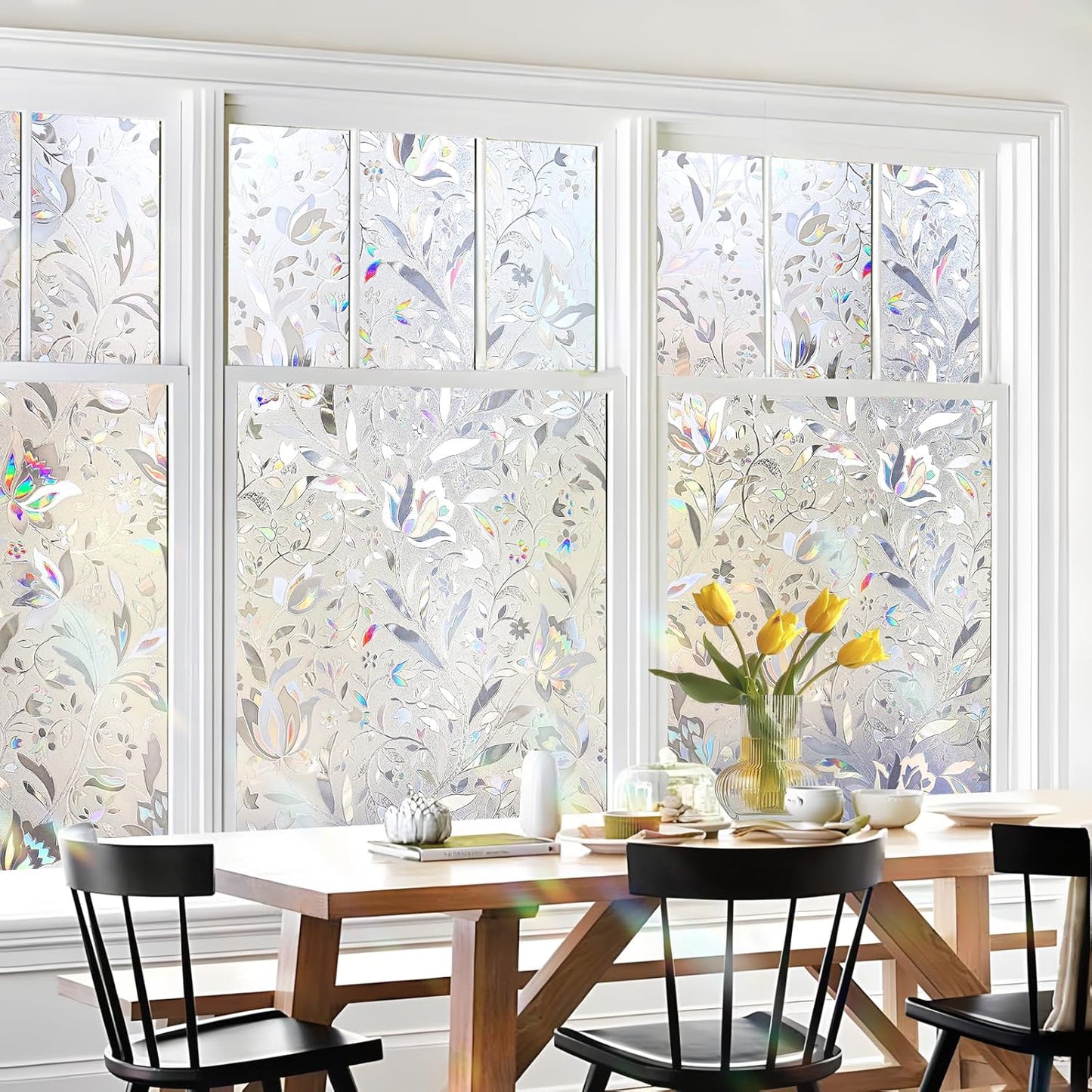 HIDBEA Window Privacy Film, 3D Stained Glass Static Cling - Sun Blocking Anti-UV Heat Control, Reusable Decorative Film for Home/Office Doors, Rainbow Tulip Design (23.6 in x 78.7 in)