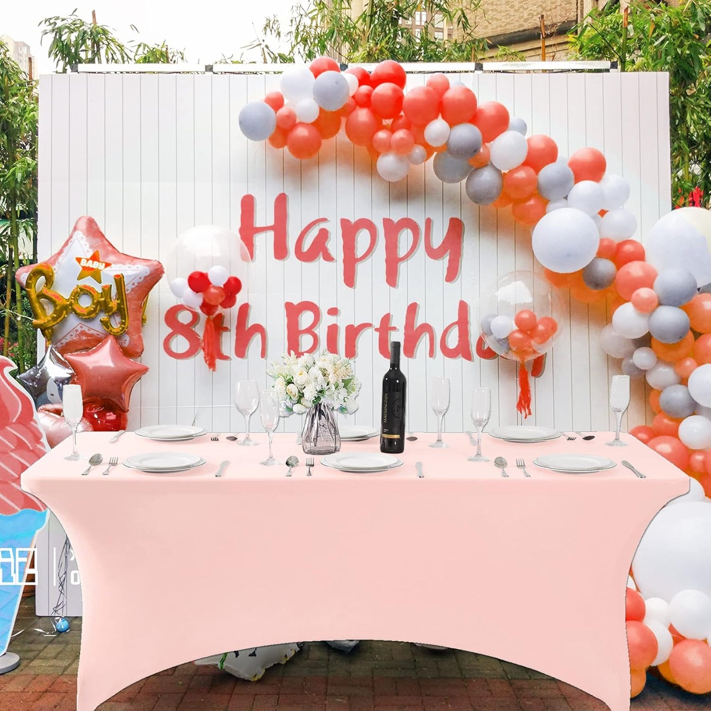 SuperO Waterproof Spandex Table Cover for 8FT Table Universal Fitted Stretch Tablecloth for Party, Banquet, Wedding and Events-Blush Pink