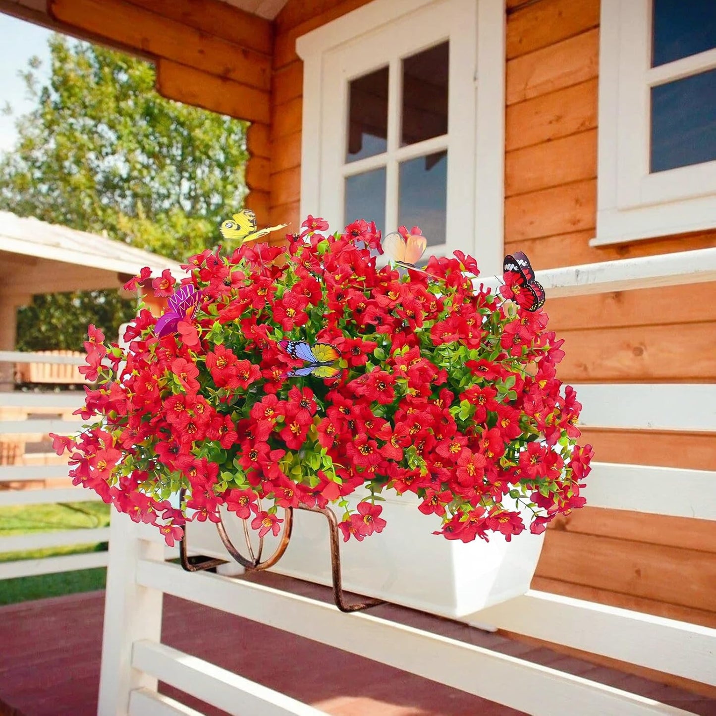 20 Bundles Artificial Flowers for Outdoors with 6 Faux Butterflies, UV Resistant Fake Flowers with Eucalyptus Leaves, Artificial Plants Outdoor for Patio Garden Porch Home Decor (Red)