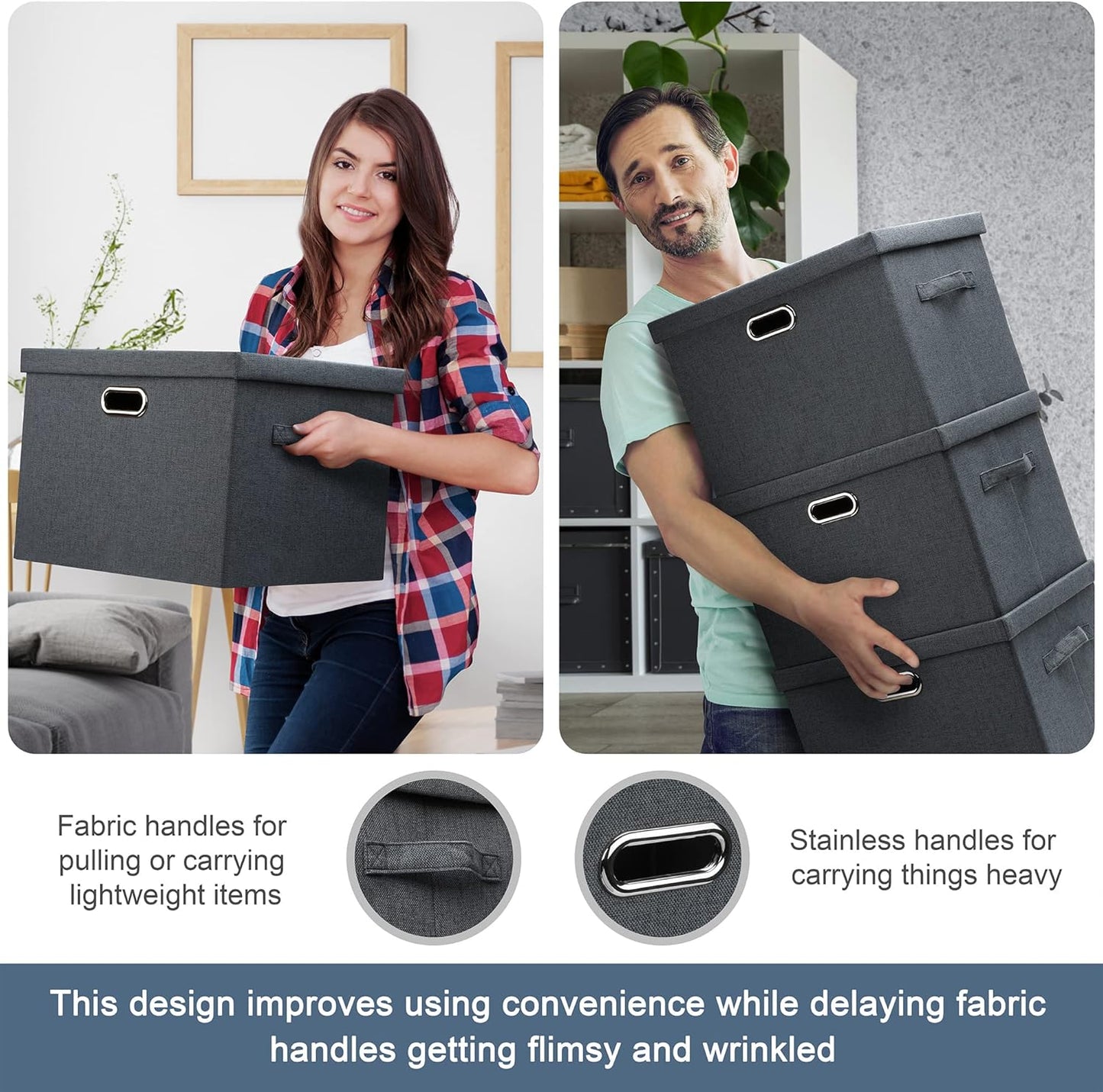 Medium 15" 21 Quart Collapsible Stackable Storage Bins with Lids, 5 Packs Dark Gray Foldable Fabric Closet Storage Boxes with Lids, Lidded Heavy-duty Linen Baskets(15x11x8)