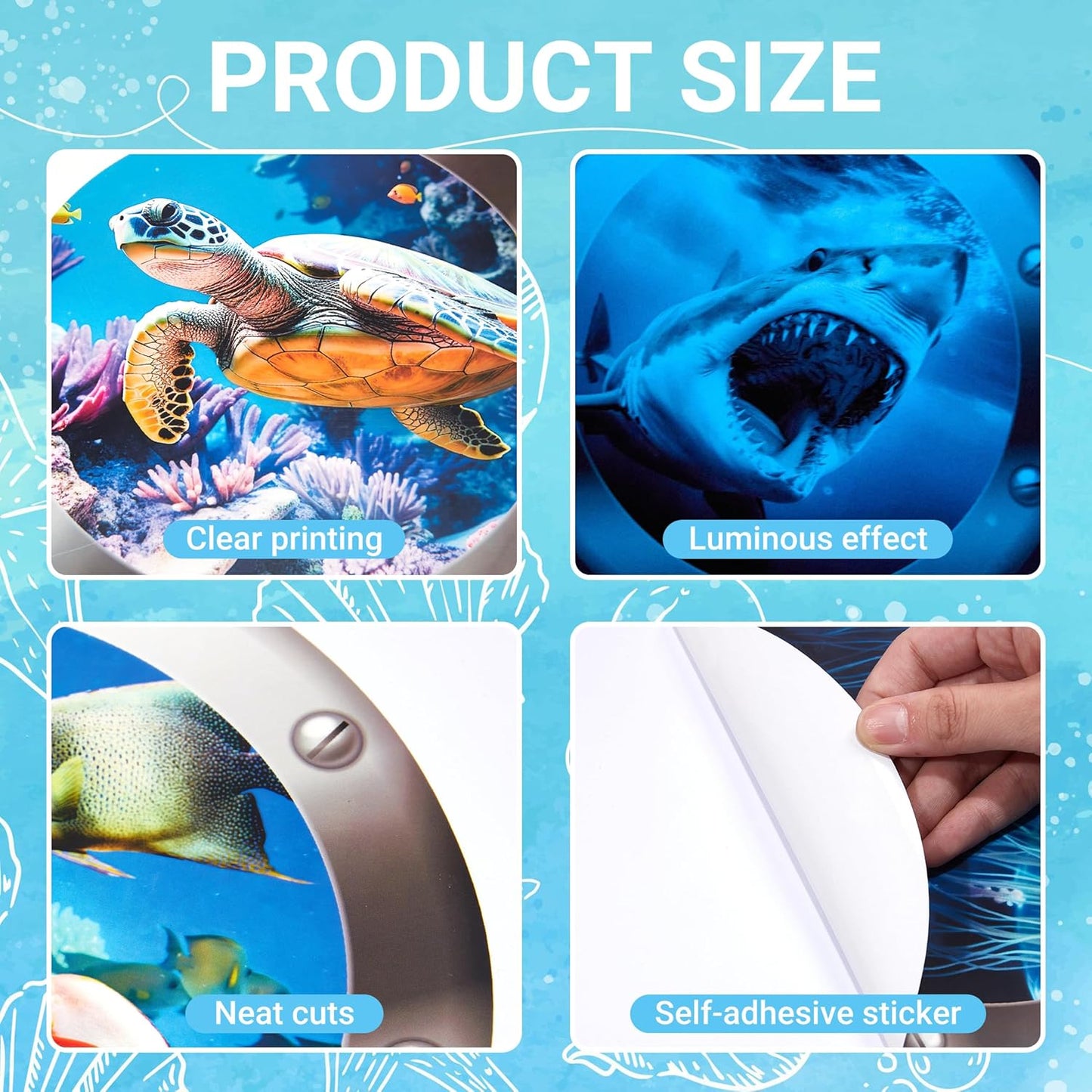 3D Ocean Animals World Wall Stickers Glow in The Dark, 4 Pcs Sharks Turtles Jellyfishs Removable Decals for Kids, Vinyl Stickers for Ceiling (Blue)