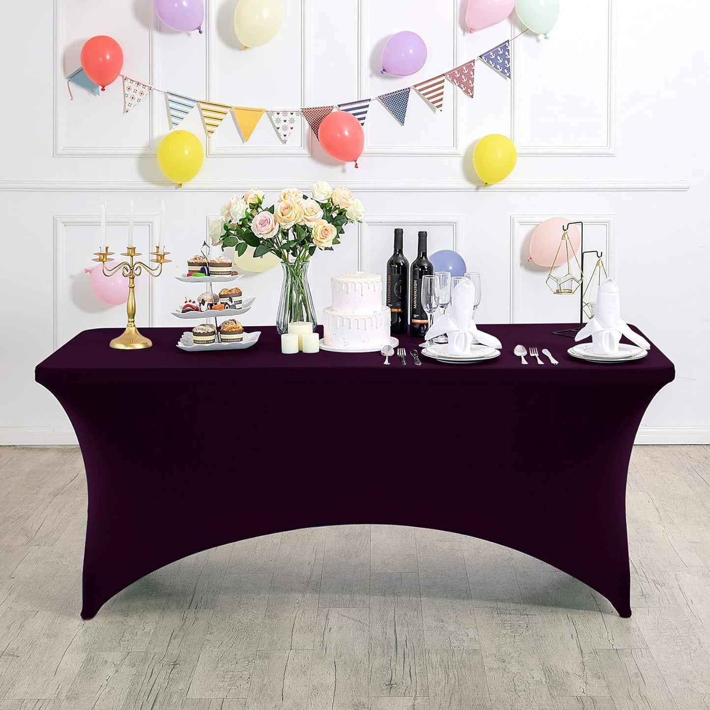 2Pack Spandex Table Cover for 8FT or 4ft or 6ft Table Universal Fitted Stretch Tablecloth for Party, Banquet, Wedding and Events-Eggplant