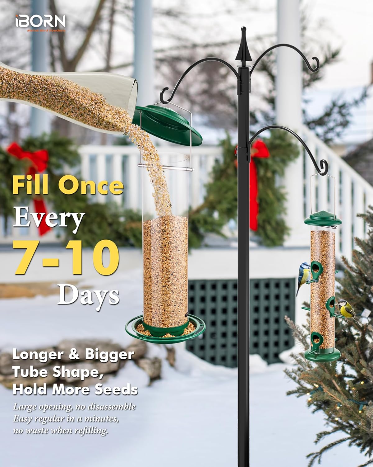 iBorn Metal Bird Feeder for Outside Hanging,Wild Bird Feeders for Cardinal,18cm Large Roof&Green,42CM Long,4.5lb High-Capacity(Seed is not Included)