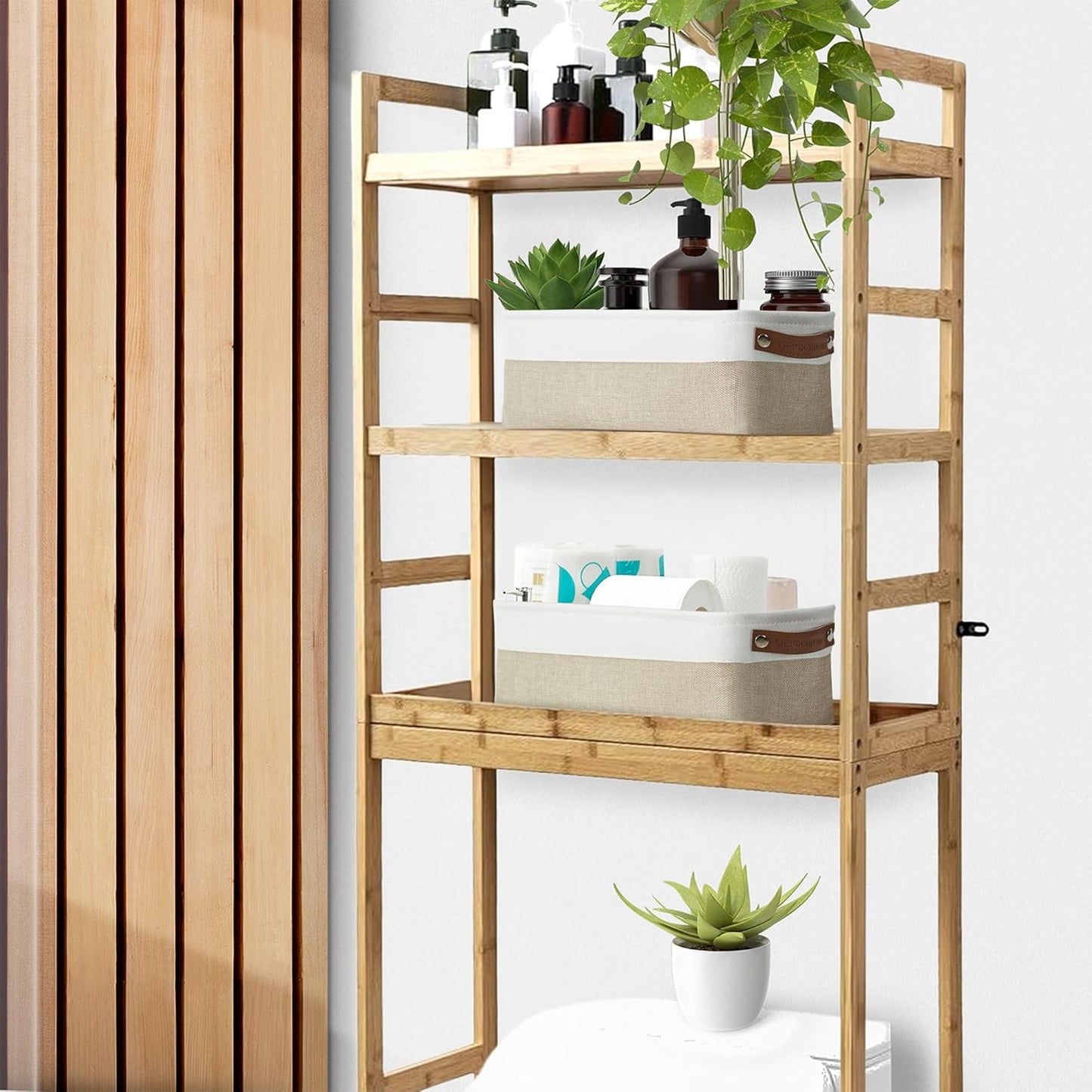 DECOMOMO Narrow Storage Bins Small Baskets for Organizing Bathroom, Toilet Tank, Towel Storage, Entryway, Gifts (Beige and White - Set of 4)