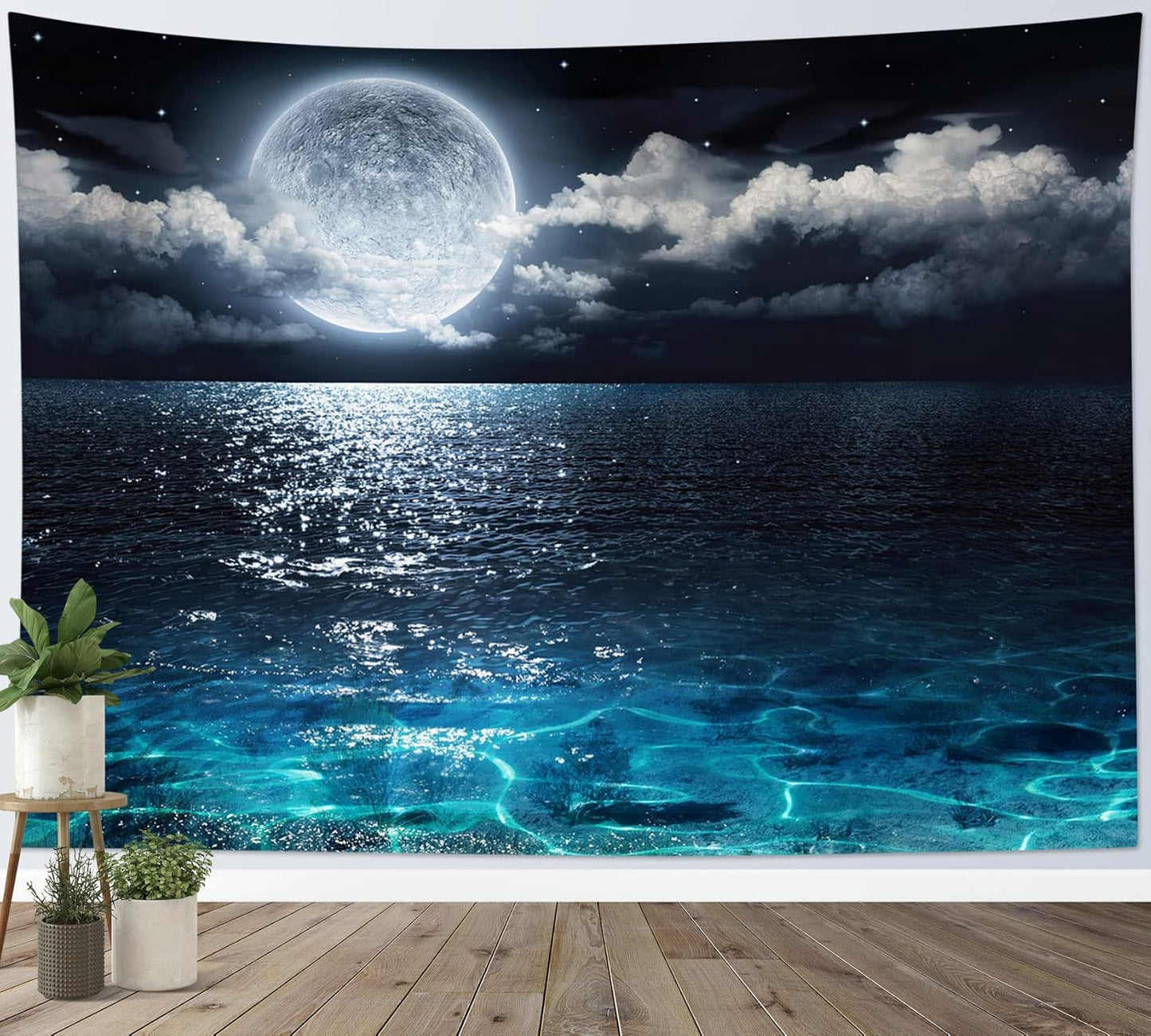 LB Night Sky Ocean Tapestry Full Moon on Sea Tapestry Wall Hanging Fantasy White Cloud Watercolor Wall Art for Bedroom Living Room Dorm Wall Decor, 59Wx51H inches