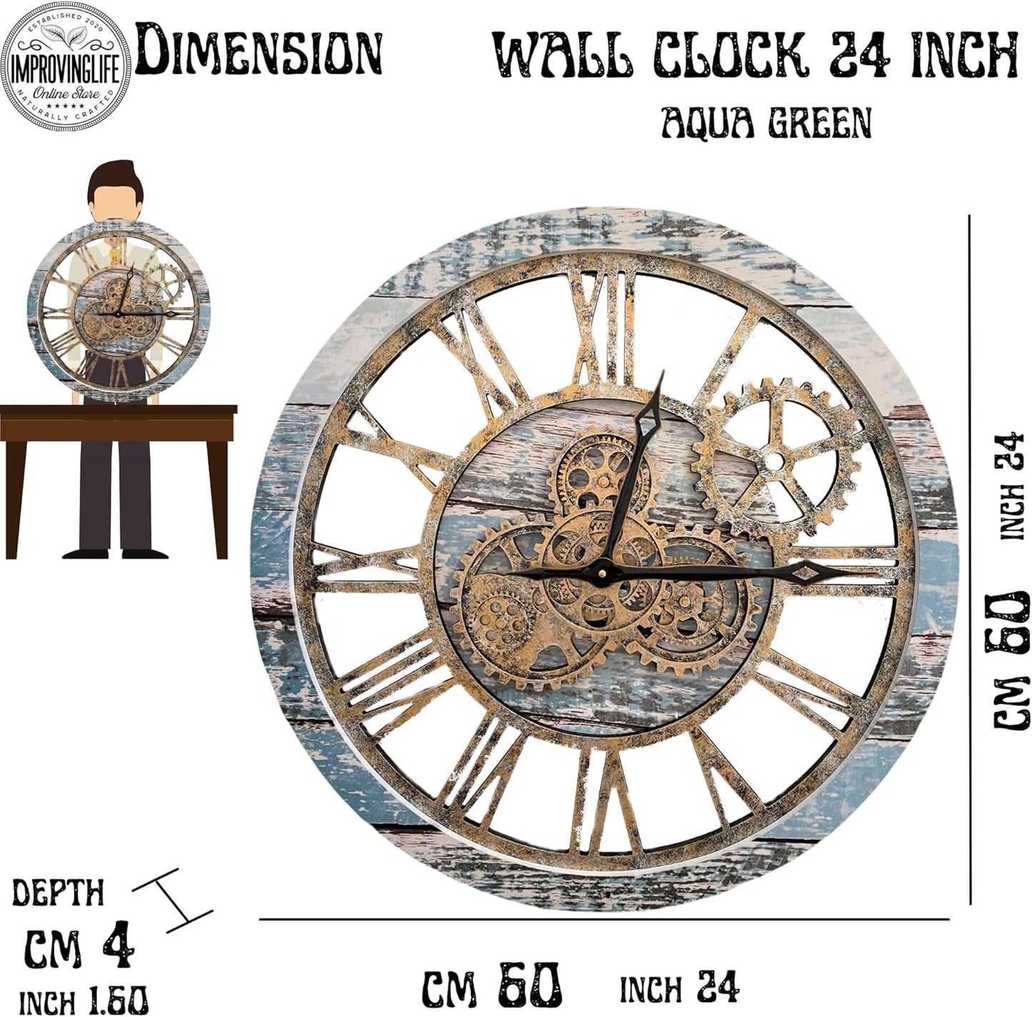 The Original Real Moving Gear Wall Clock Vintage Industrial Oversized Rustic Farmhouse (24 inch (60cm), Vintage Aqua Green and Bronze)