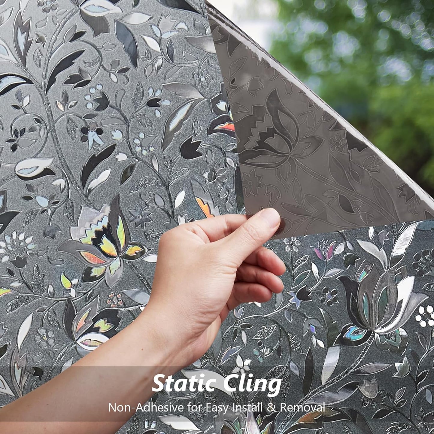 Kromapolis Window Film, Window Privacy Film Frosted, Vinyl Glass Covering, Stained Glass Decorative Film, Static Window Clings, Non-Adhesive (Grayish Black, 35.4 x 157.4 inch)