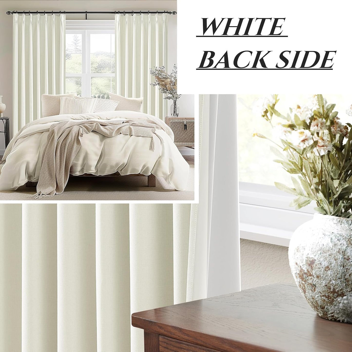 Ivory White Pinch Pleated Complete Blackout Curtains & Drapes 84 Inch Length 2 Panels Set, Flax Linen Room Darkening Soundproof Window Curtains with Hooks Rings for Bedroom Living Room Track System