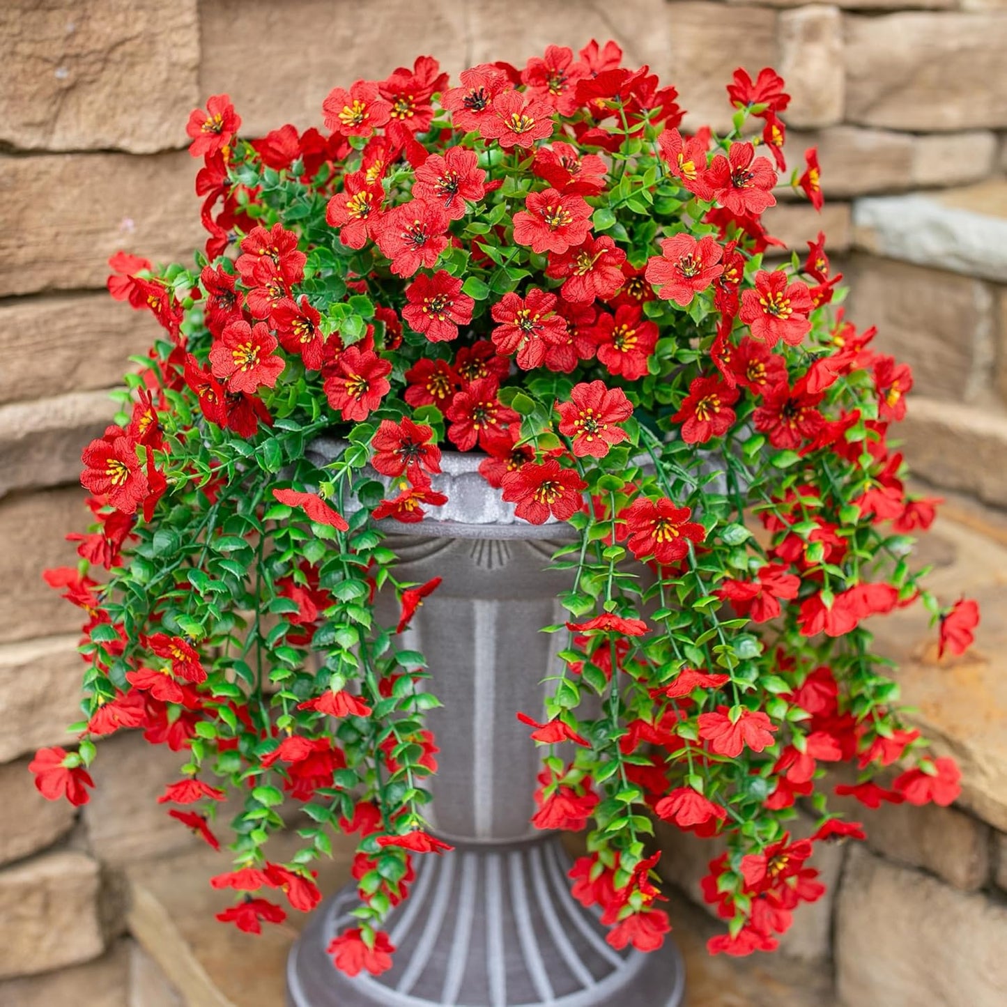 INSPRING Artificial Faux Outdoor Outside Flowers Plants, 2 PCS Fake Silk UV Resistant Look Real Red Daisy Trailing Vines for Front Door Porch Planter Urn Patio Balcony Decoration