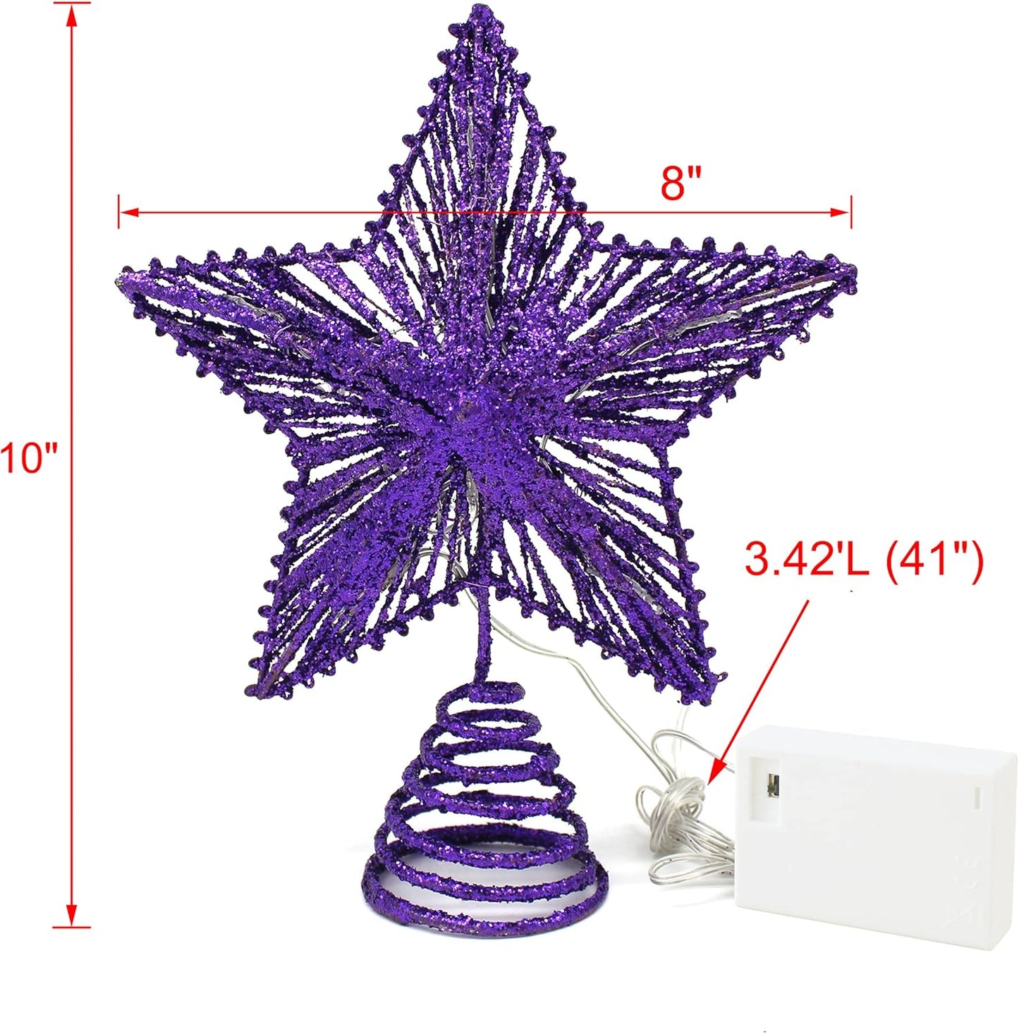 CVHOMEDECO. Purple Glittered 3D Tree Top Star with Warm White LED Lights and Timer for Christmas Tree Decoration and Holiday Seasonal Décor, 8 x 10 Inch