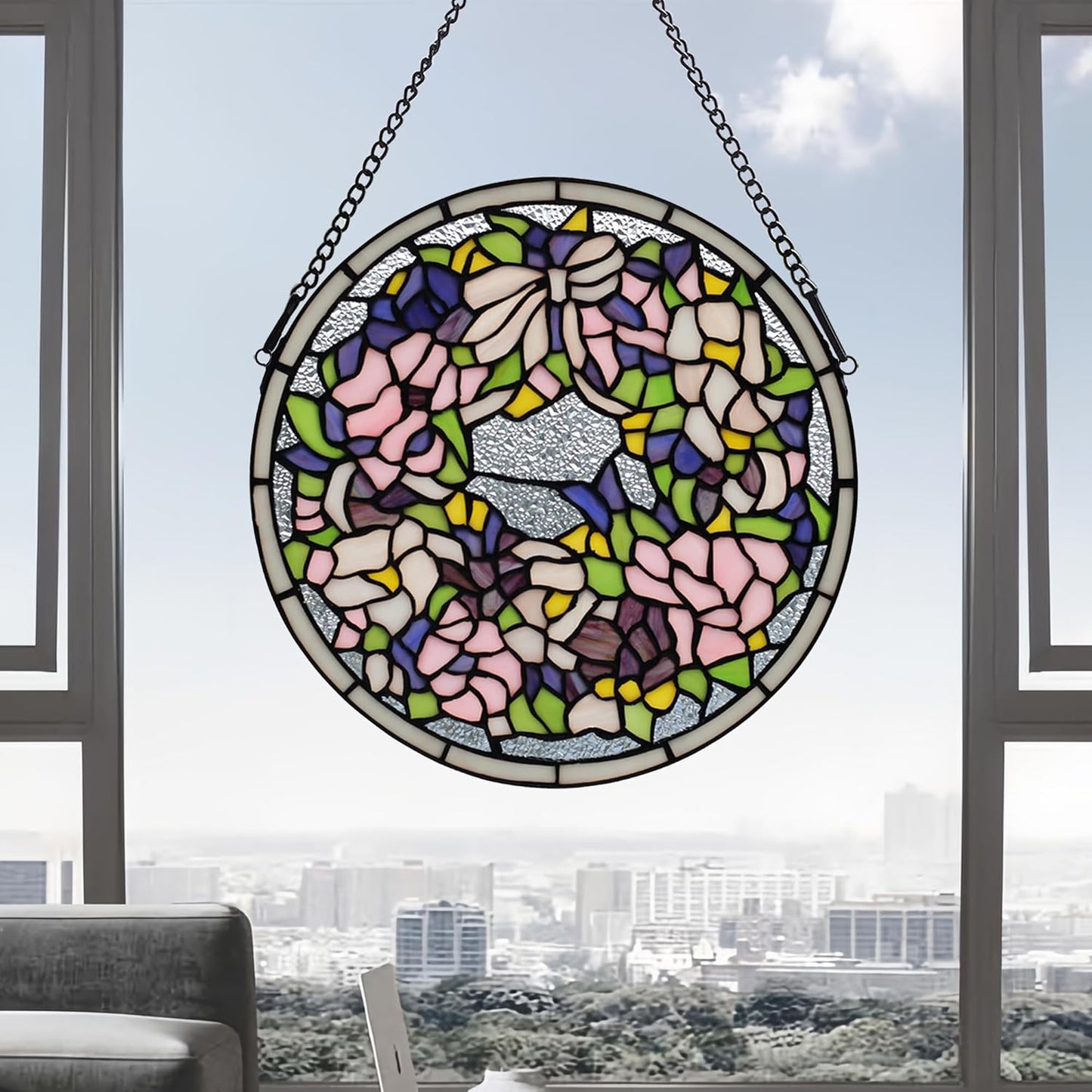 Handcrafted Stained Glass Window Panel - 12-Inch Round Floral Design with Vibrant Colors, Elegant Decorative Hanging Art for Home Décor, Includes 20-Inch Chain & Hook (Pink Iris)