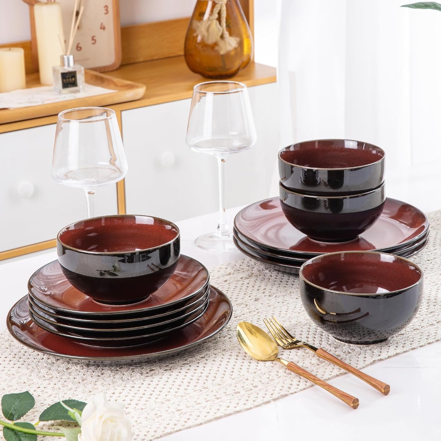 LERATIO Ceramic Dinnerware Sets for 8,Stoneware Plates and Bowls Sets,Handmade Reactive Glaze Dishes Set,Chip Resistant and Scratch Resistant | Oven&Dishwasher & Microwave Safe-Red (24PCS)