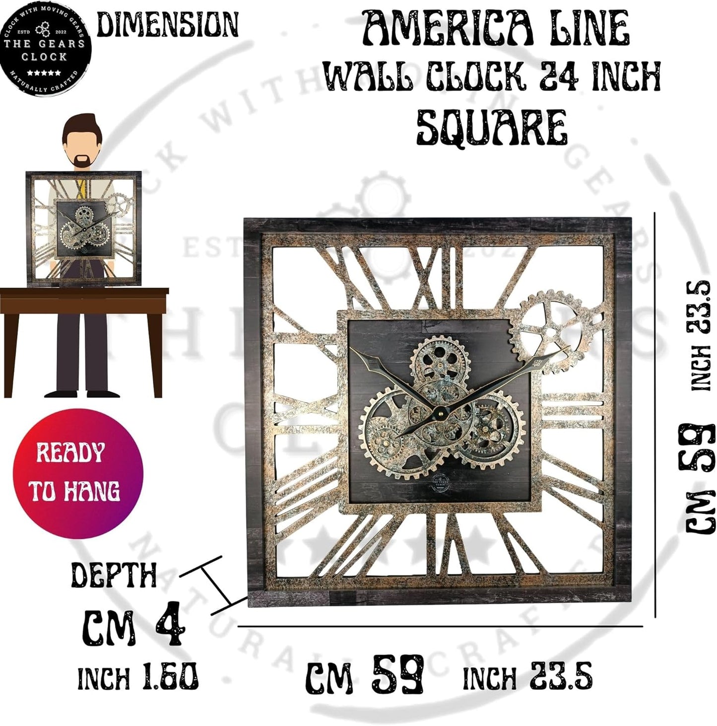 The Gears Clock 24'' Inch Square Real Moving Gear Wall Clock Vintage Industrial Oversized Rustic Farmhouse (White Farmhouse)