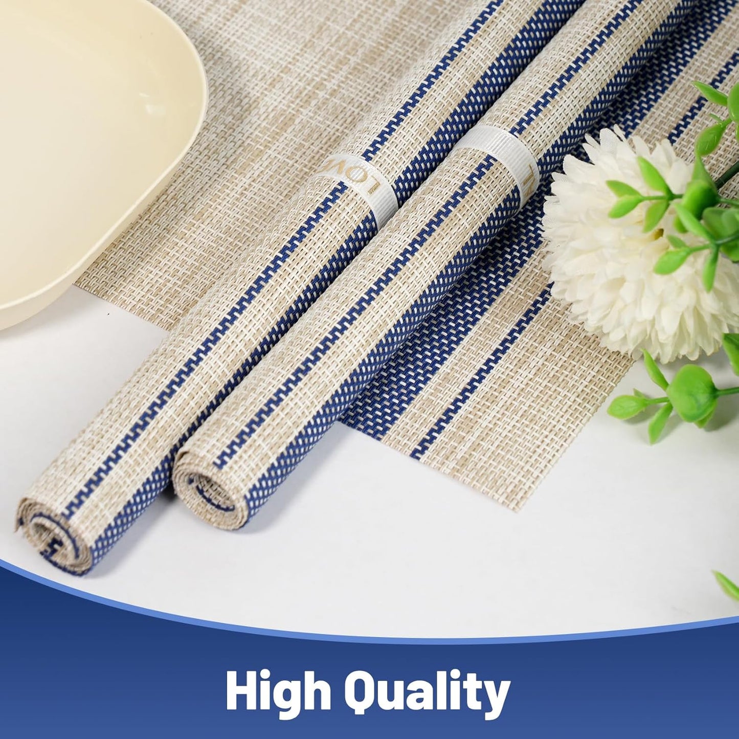 Placemats Set of 12,Non-Slip PVC Weave Table Mats Easy to Clean,Heat Resistant Place Mats for Kitchen Dining Table Decoration Indoor Outdoor,Khaki Blue
