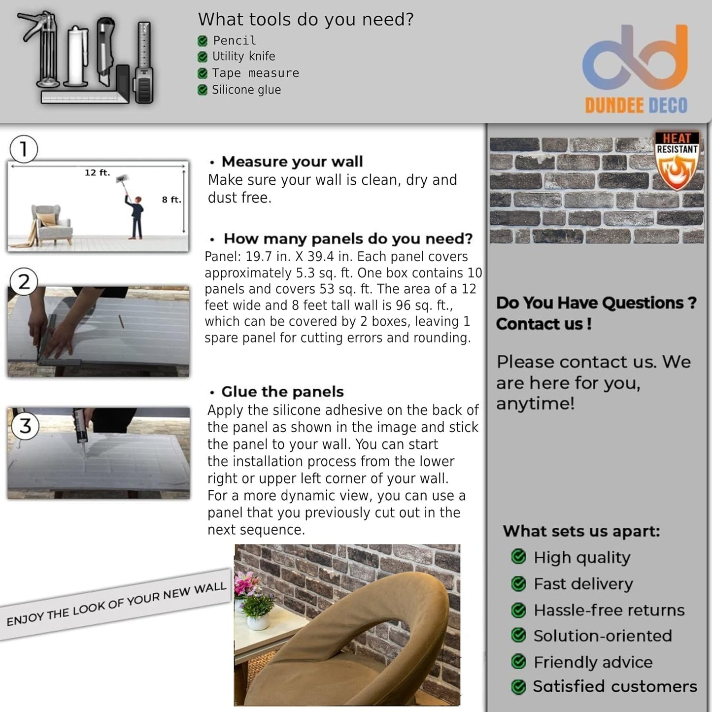 Dundee Deco 3D Wall Panels Faux Brick - Cladding, Grey Black Stone Look Wall Paneling, Styrofoam Facing for Living Room, Kitchen, Bathroom, Balcony, Bedroom, Set of 10, Covers 53 sq ft