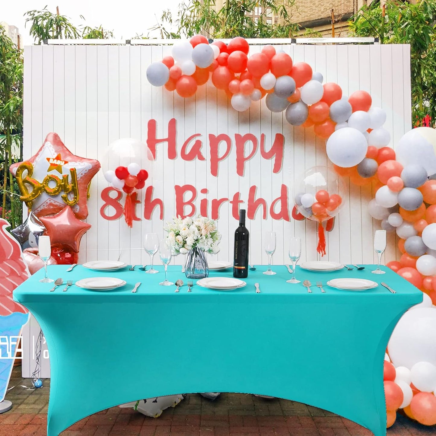 SuperO Waterproof Spandex Table Cover for 8FT Table Universal Fitted Stretch Tablecloth for Party, Banquet, Wedding and Events-Turquoise