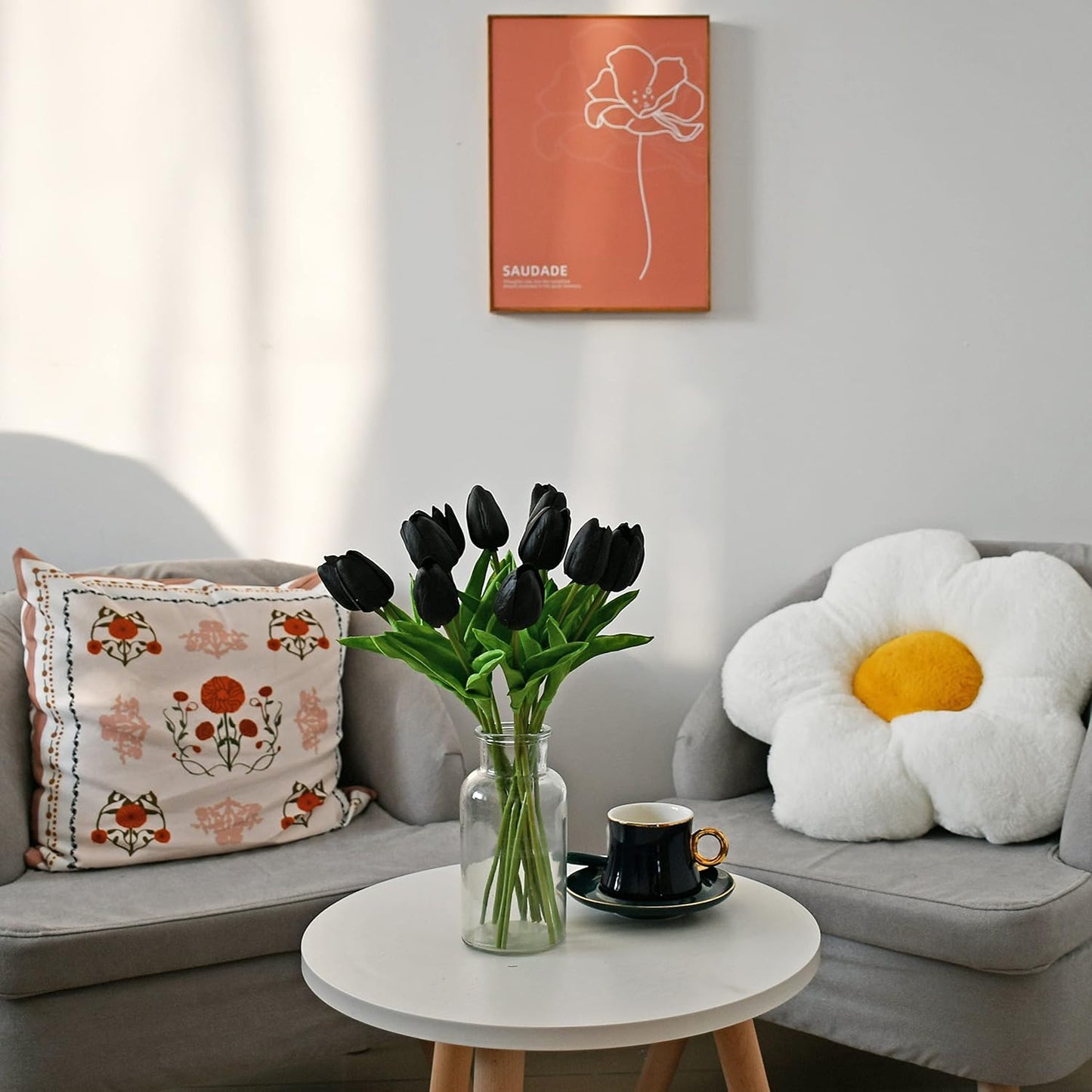 Mandy's Artificial Tulips 20 Stems Black PU Faux Flowers for Wedding Home Decor 13.5 Inch