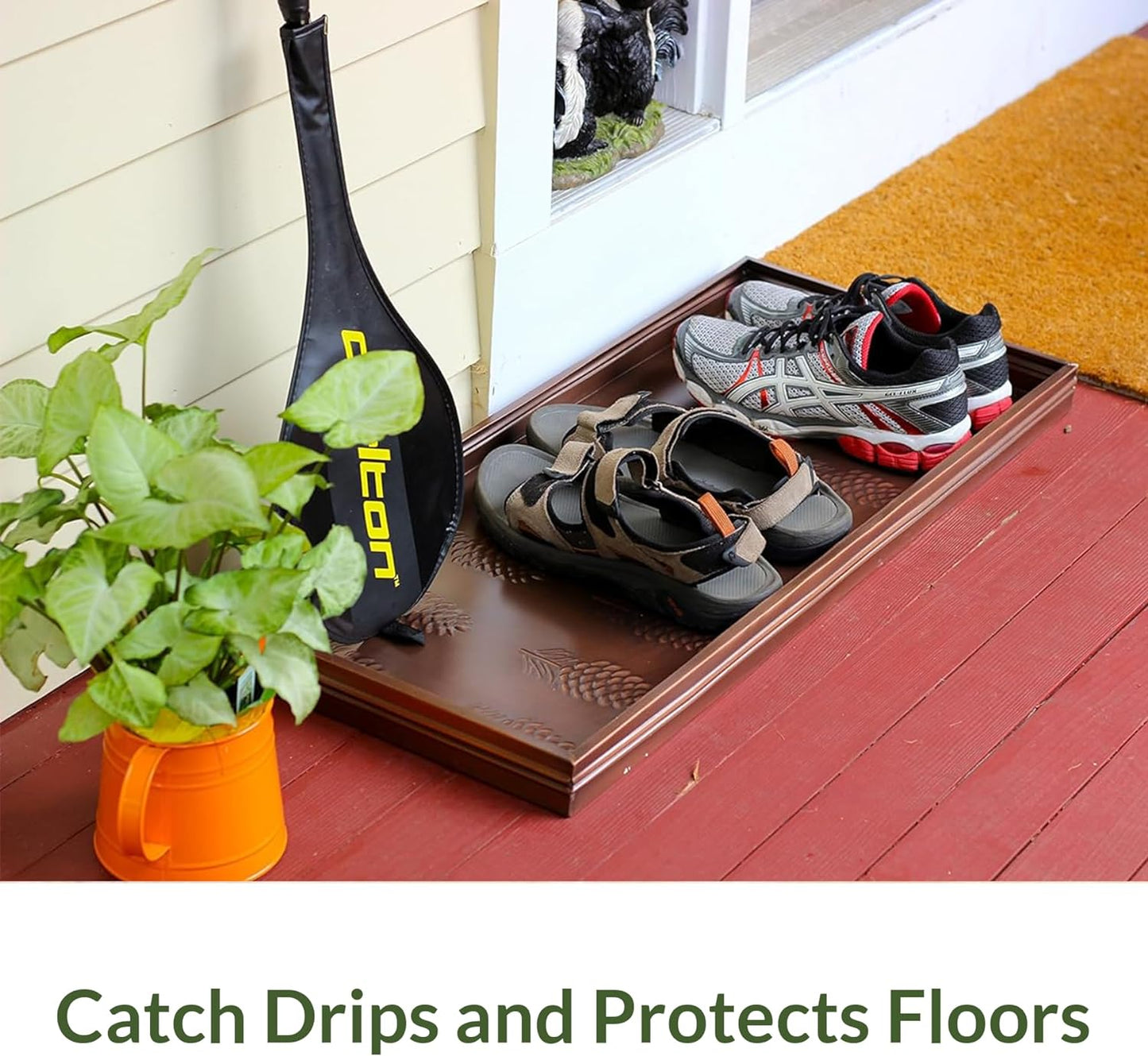 Good Directions Large Boot Tray, Pine Cones Multi-Purpose All Weather Decorative Boot Tray, Shoes, Plants, Garage, Patio Door, Pet Bowls, 35 inch Entry Indoor Shoe Tray, Copper Finish