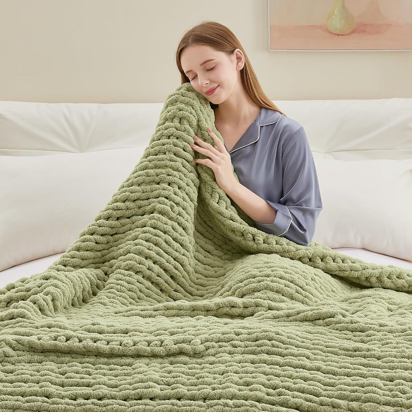 Chunky Knit Throw Blanket, 60''*80'' Knitted Throw Chenille Yarn for Bed Couch, Handmade Light Green Crochet Big Thick Blanket, Machine Washable Cute Comfy Blanket for Home Decor
