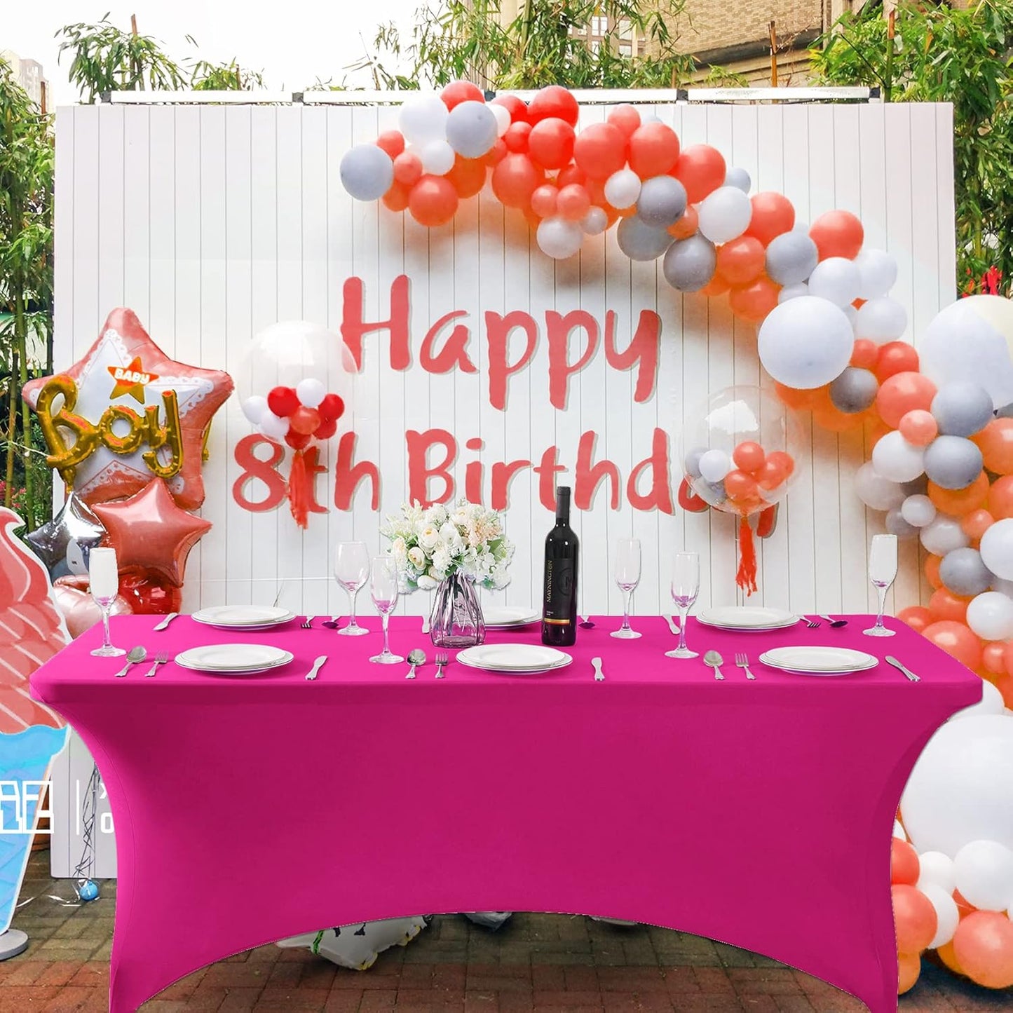 SuperO 2Pack Waterproof Spandex Table Cover for 6FT Table Universal Fitted Stretch Tablecloth for Party, Banquet, Wedding and Events-Fuchsia