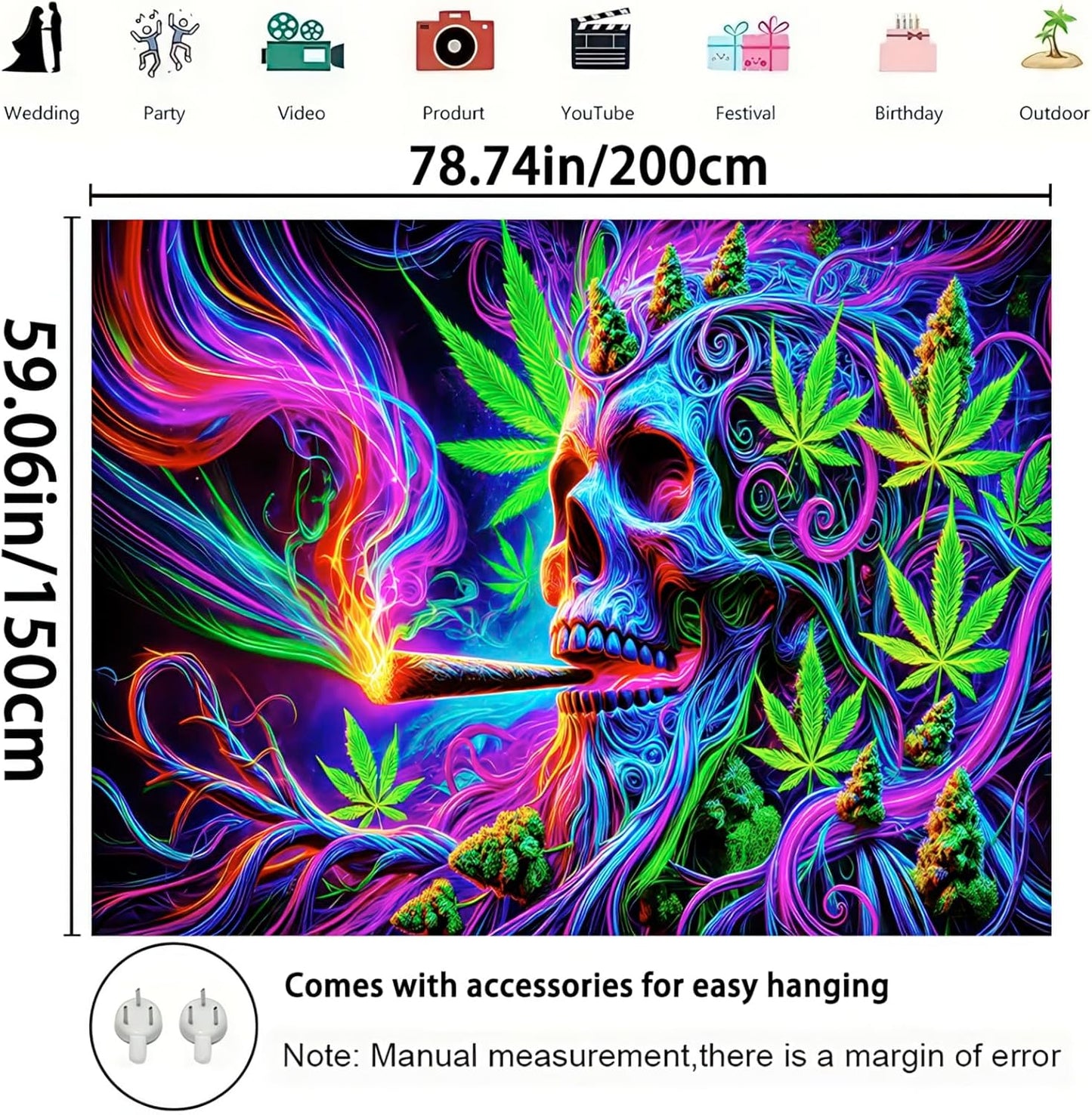BlissYard Blacklight Cool Trippy Weed Marijuana Leaves Tapestry UV Reactive Skeleton Tapestry Smoking Skull Black Light Wall Tapestry Neon Psychedelic Tie Dye Stoner Poster Tapestry 59X78 IN