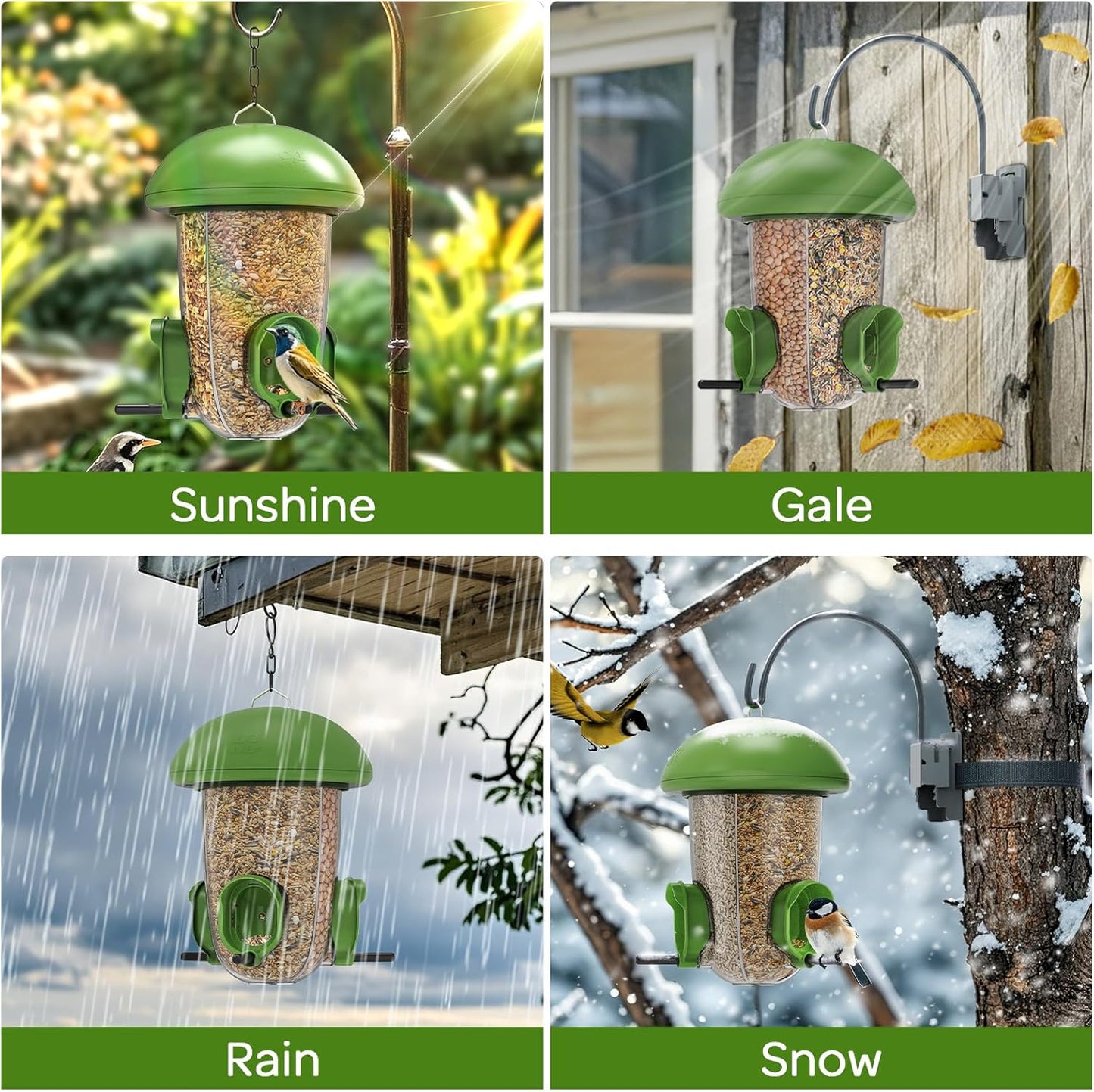 LONA Bird Feeders for Outdoors Hanging – 3 Separate Compartments, 3 Feeding Ports, Weatherproof Dome & 3 Ways to Hang, Large Capacity for Cardinals/Finches (Green,Plus
