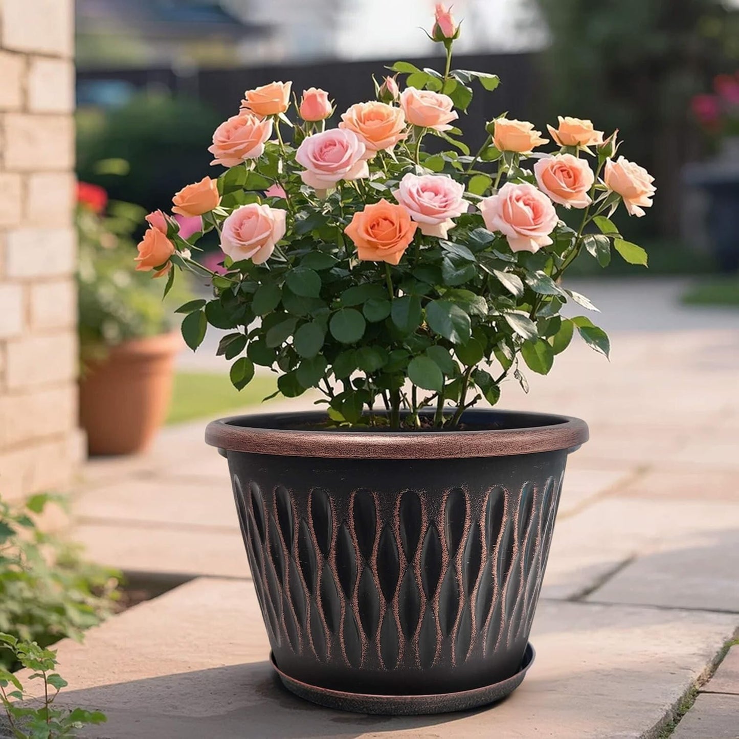 6 Pack 8 Inch Retro Plant Pots, Vintage Striped Flower Pots with Drainage Hole & Saucer, Large Plastic Planters for Indoor and Outdoor Plants, Decorative Garden Pots(Copper)