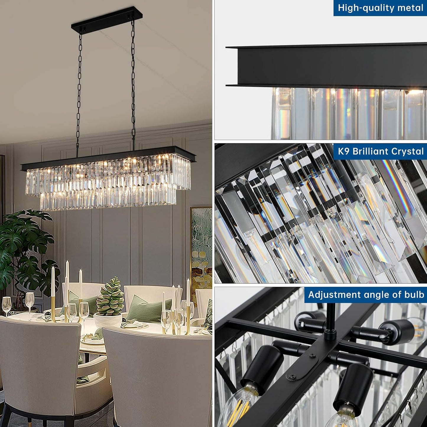 Crystal Chandeliers for Dining Room Light Fixtures Over Table,15-Lights Black Modern Rectangle Chandeliers for Kitchen Island Bar L40 Inch