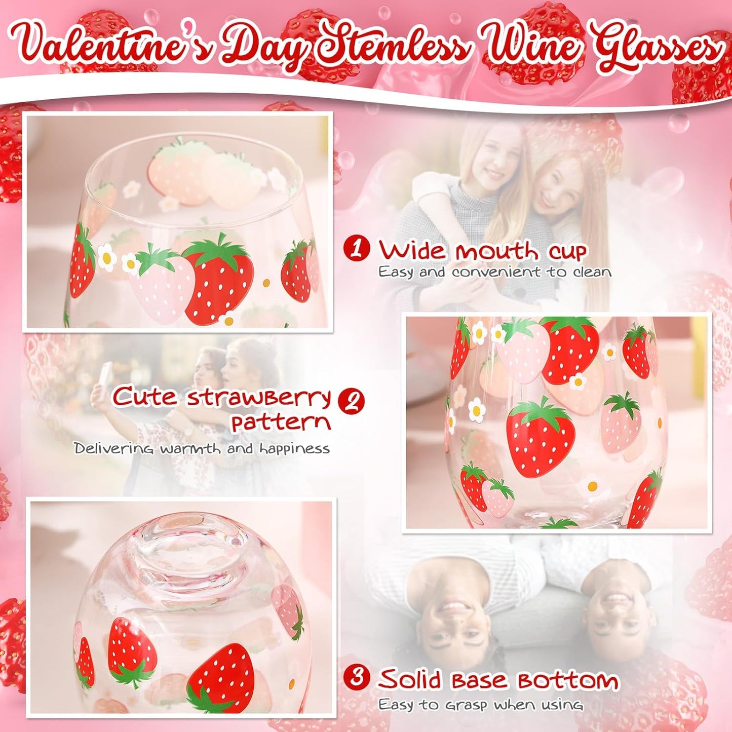 Sliner 2 Pack 17oz Strawberry Stemless Wine Glasses for Women Strawberry Cups Colorful Conversation Drinking Glass for Mother's Day Gift Birthday Party Supplies Graduation Gifts Theme Events
