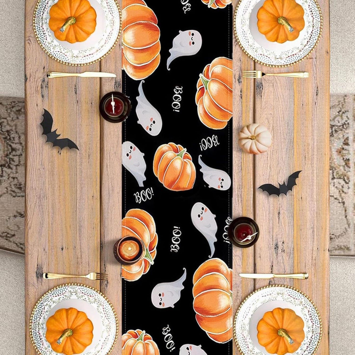 Halloween Table Runner Spooky Ghost Pumpkin Table Runner for Home Party Holiday Indoor Outdoor Table Decoration Halloween Table Decoration Kitchen Dining Table Decor 13 x 72 Inch (Black)