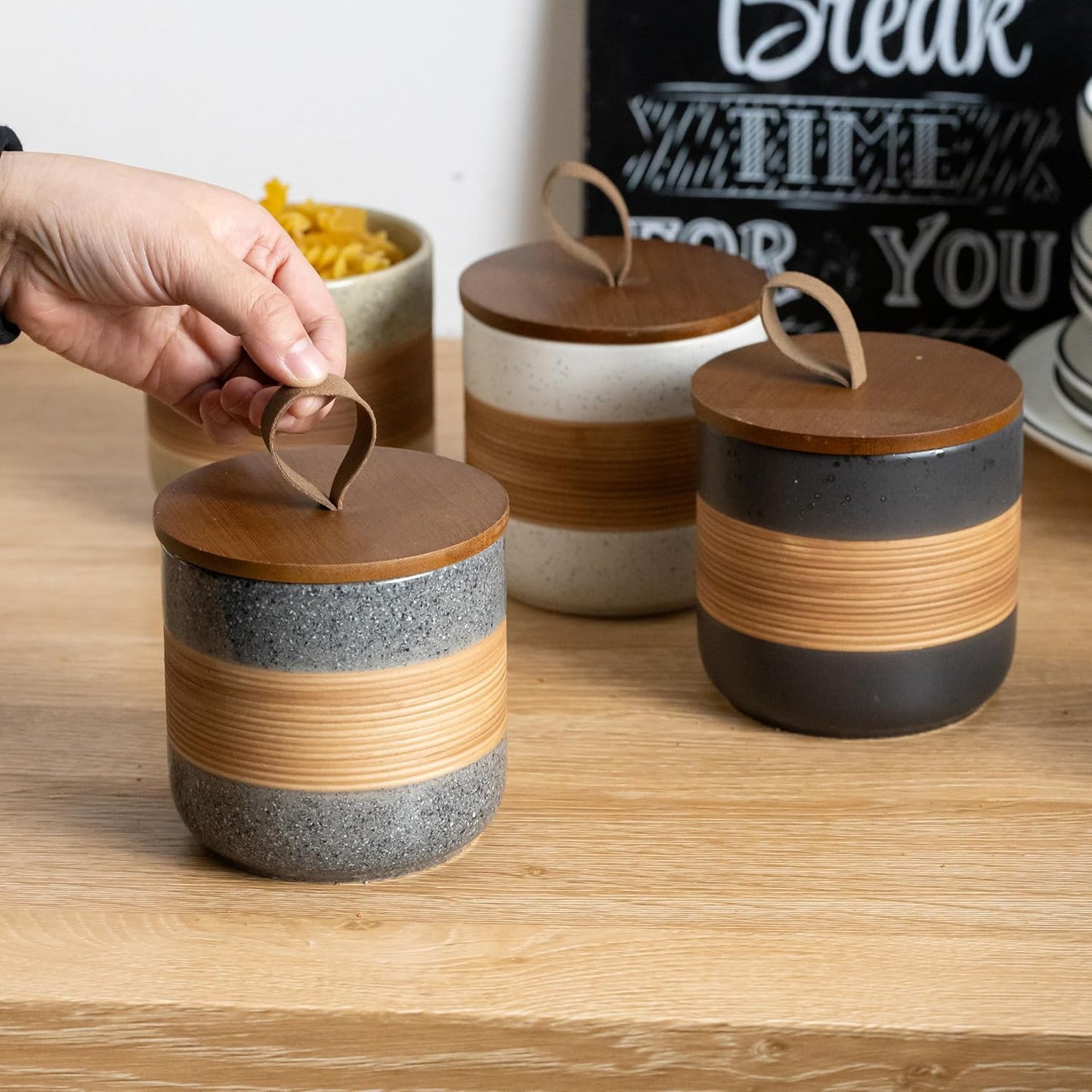 Small Ceramic Jar with Lid, Coffee Container, Coffee Canisters with Airtight Lids Kitchen Food Storage Jars for Spice Sugar Tea Bag, Mini Decorative Jars for Countertop, Grey & 5oz