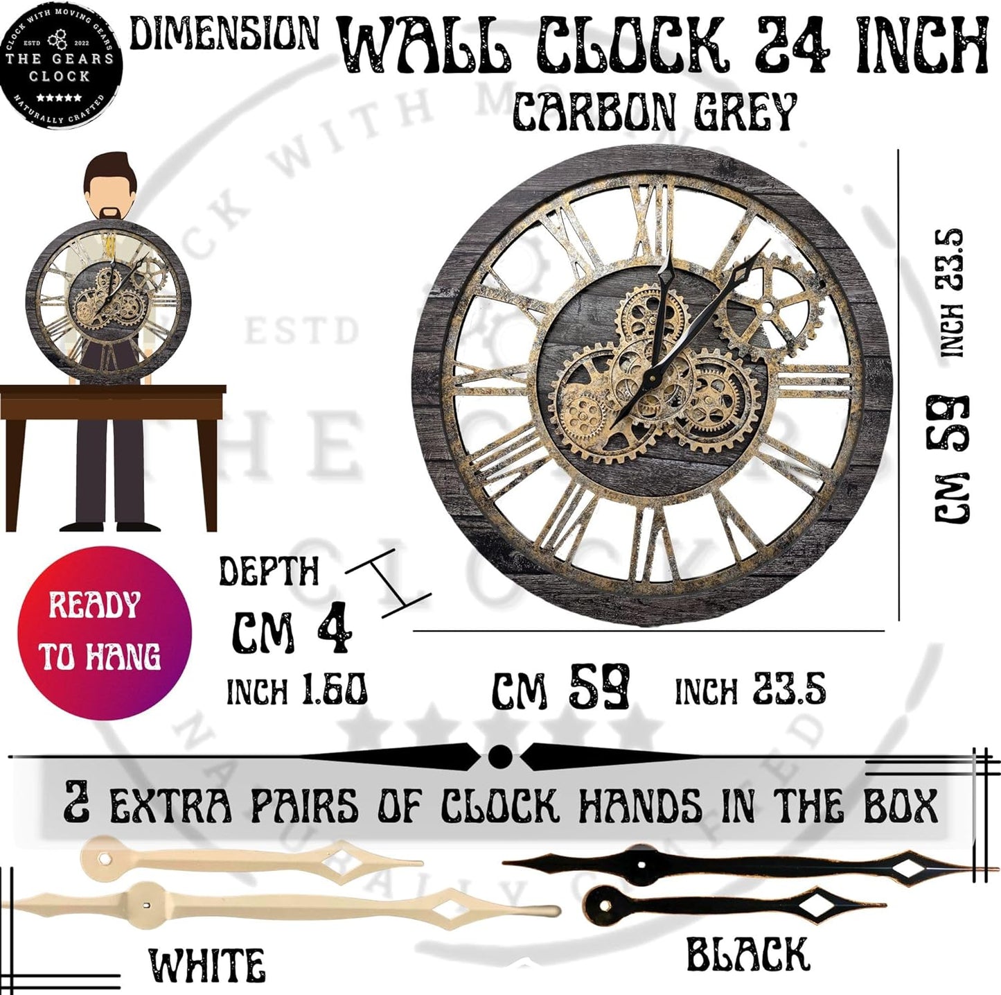The Gears Clock The Original Real Moving Gear Wall Clock Vintage Industrial Oversized Rustic Farmhouse (24 inch (60cm), Vintage Carbon Grey and Bronze)