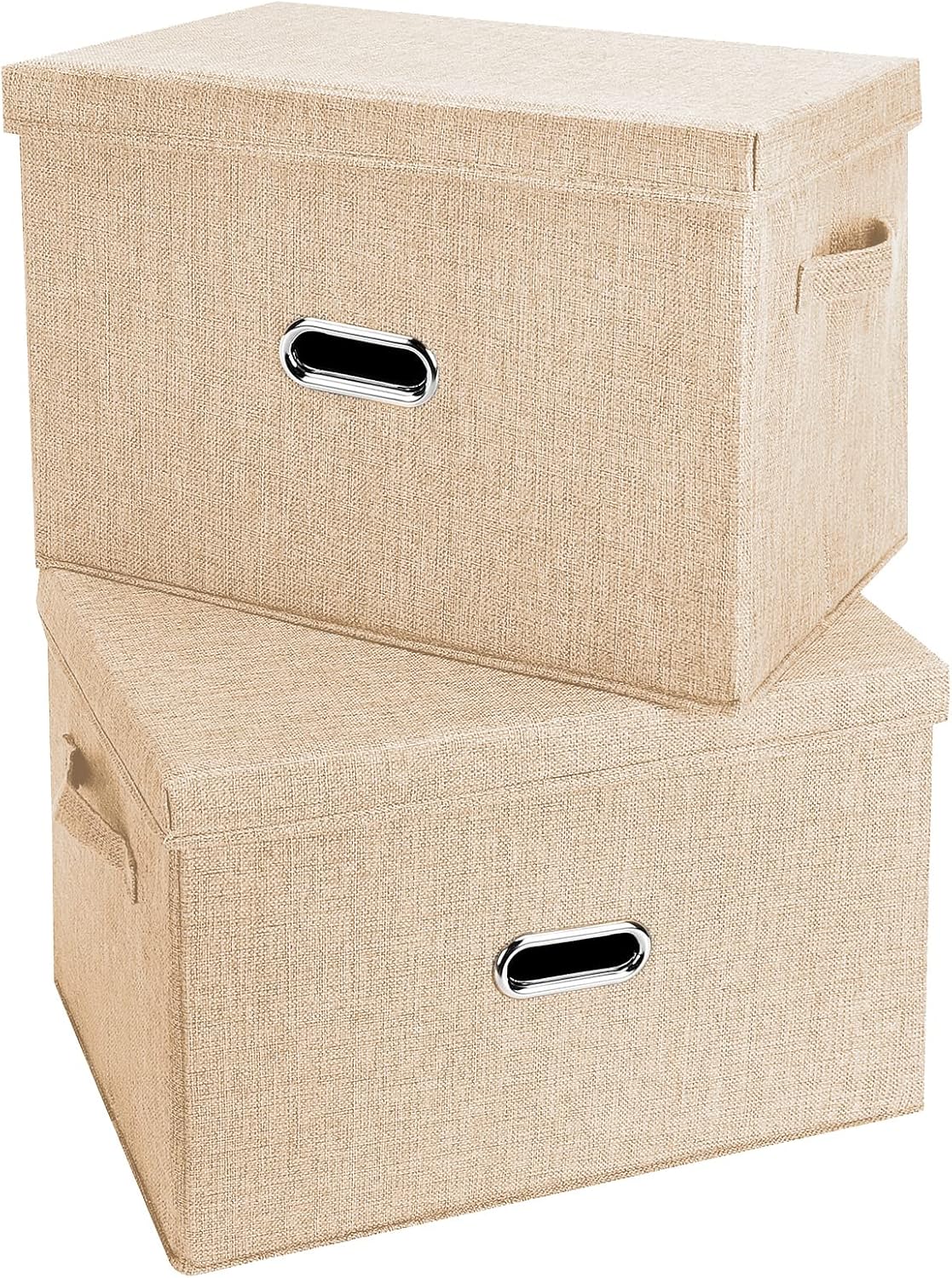 Large Linen Fabric Foldable Storage Bins with Removable Lid and Handles, Washable Storage Box Organizer Containers Baskets Cube with Cover for Bedroom,Closet,Office (Khaki, Small(2-Pack))