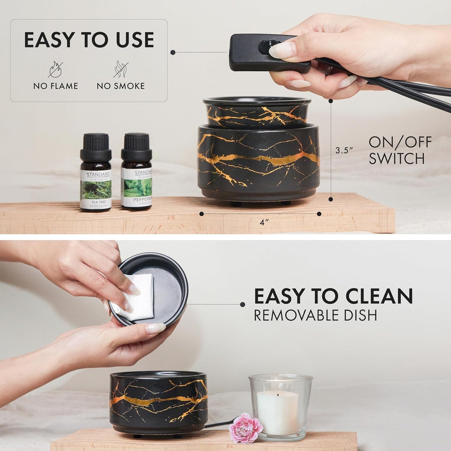 PALANCHY Wax Melt Warmer Ceramic 3-in-1 Oil Burner Electric Candle Wax Warmer Burner Melter Fragrance Warmer for Scented Waxs Home Office Bedroom Aromatherapy Gift& Décor (Black Gold)