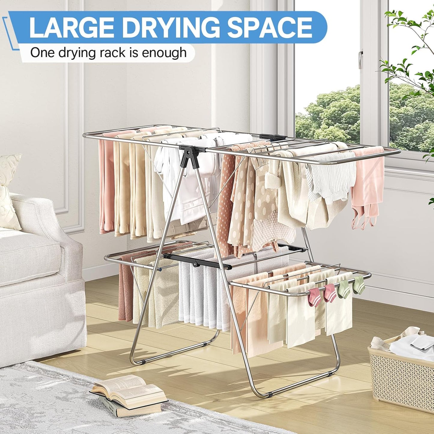 APEXCHASER Clothes Drying Rack with 4 Wings, Drying Rack Clothing with Height-Adjustable, Foldable Gullwings Laundry Drying Rack, Indoor Outdoor Use, No Assembly, Black