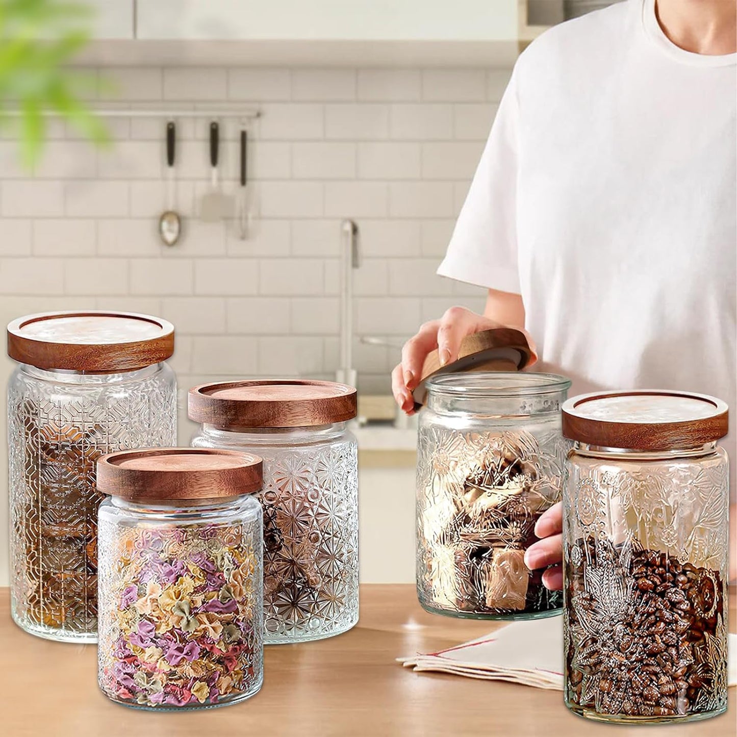 Vintage Glass Jars with Wooden Lids, 2 Pack 24 oz Airtight Glass Food Storage Containers Sets for the Kitchen, Sugar Coffee Candy Spice Cookie Tea Pasta