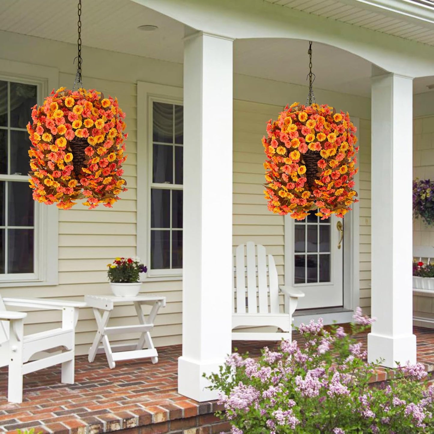 Artificial Fall Fake Hanging Flowers Plants Basket for Outdoor Autumn Decoration, Faux Silk Morning Glory Long Stems Vines Realistic UV Resistant for Outside Home Porch Garden (Fall Orange+Yellow)