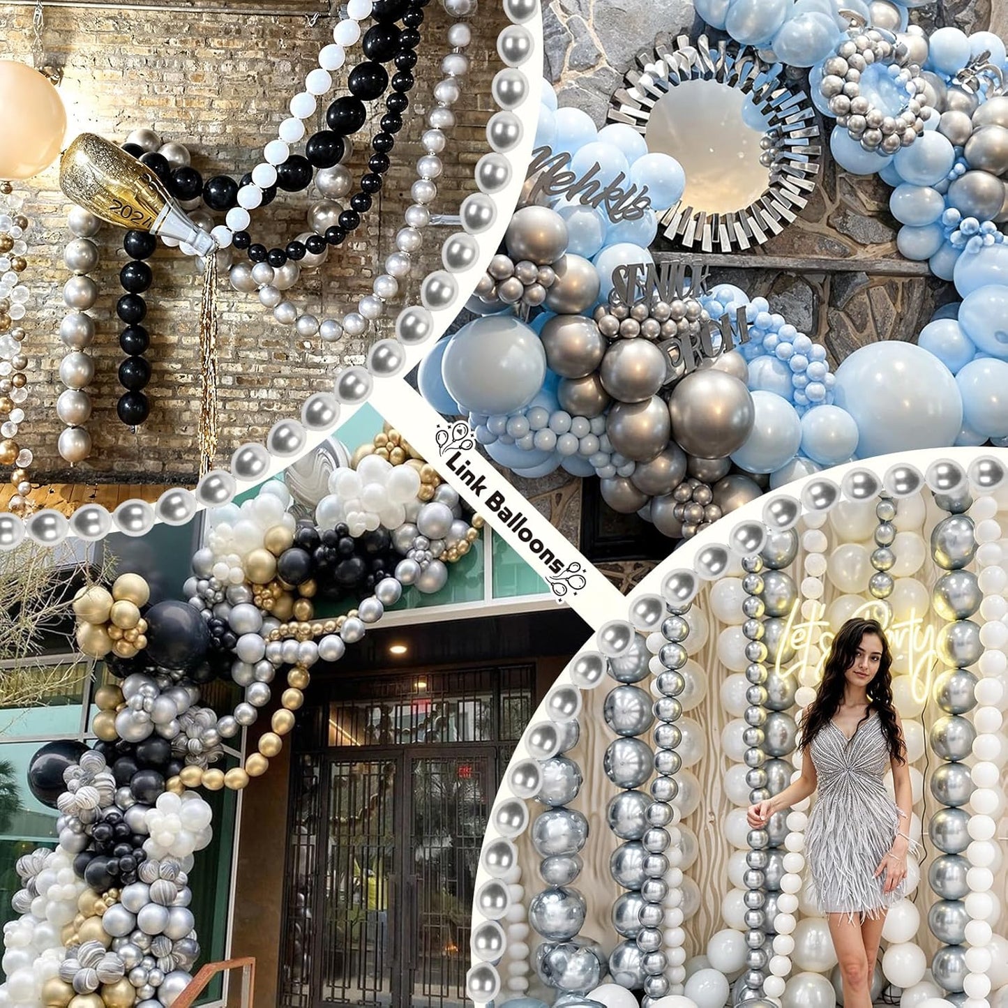 Silver Link Balloons, 60PCS Linking Balloons with Tail for Balloon Wall Arch and Chains, Quick Linkable Balloon for Wedding Birthday Baby Shower Engagement Graduation Party Decorations (6inch)