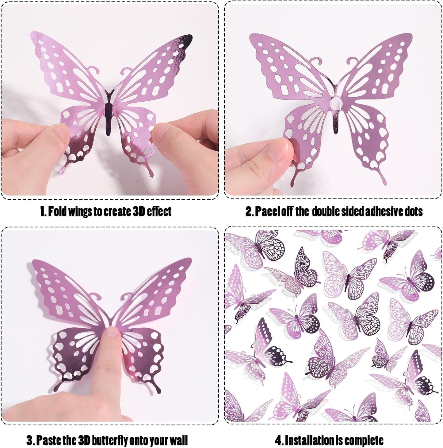 SAOROPEB 3D Butterfly Wall Decor - 48 Pcs, 4 Styles, 3 Sizes, Removable Stickers for Birthday & Party Decorations (Lavender)