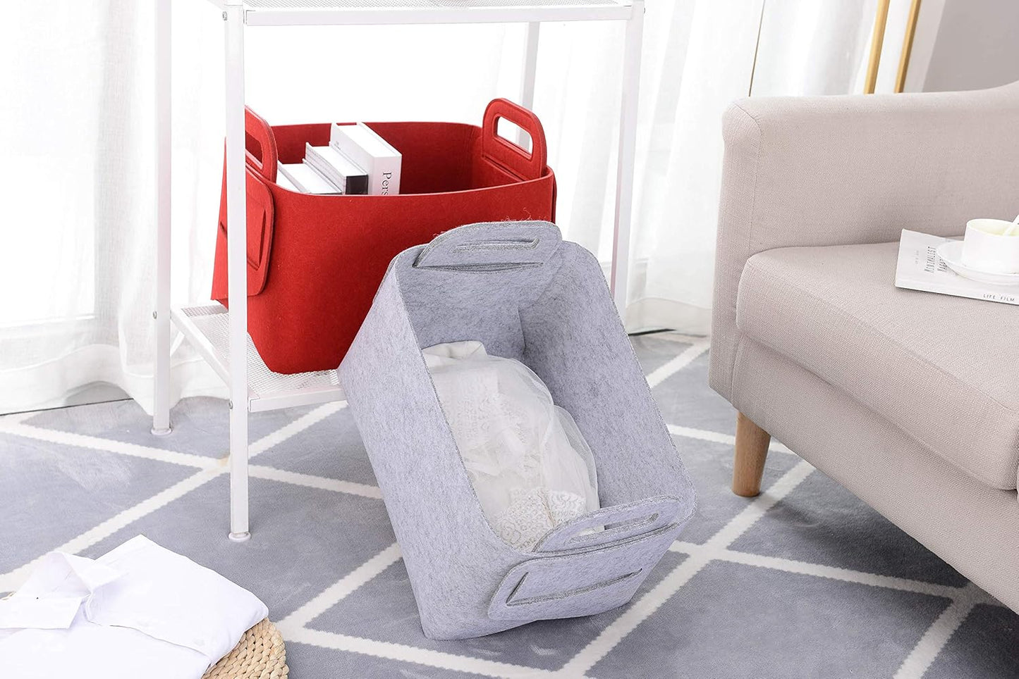 Storage Basket Felt Storage Bin Collapsible& Convenient Box Organizer with Carry Handles for Office Bedroom Closet Babies Nursery Toys Laundry (Light grey, 17.9inch(L)×12.2inch(W)×11.6inch(H))