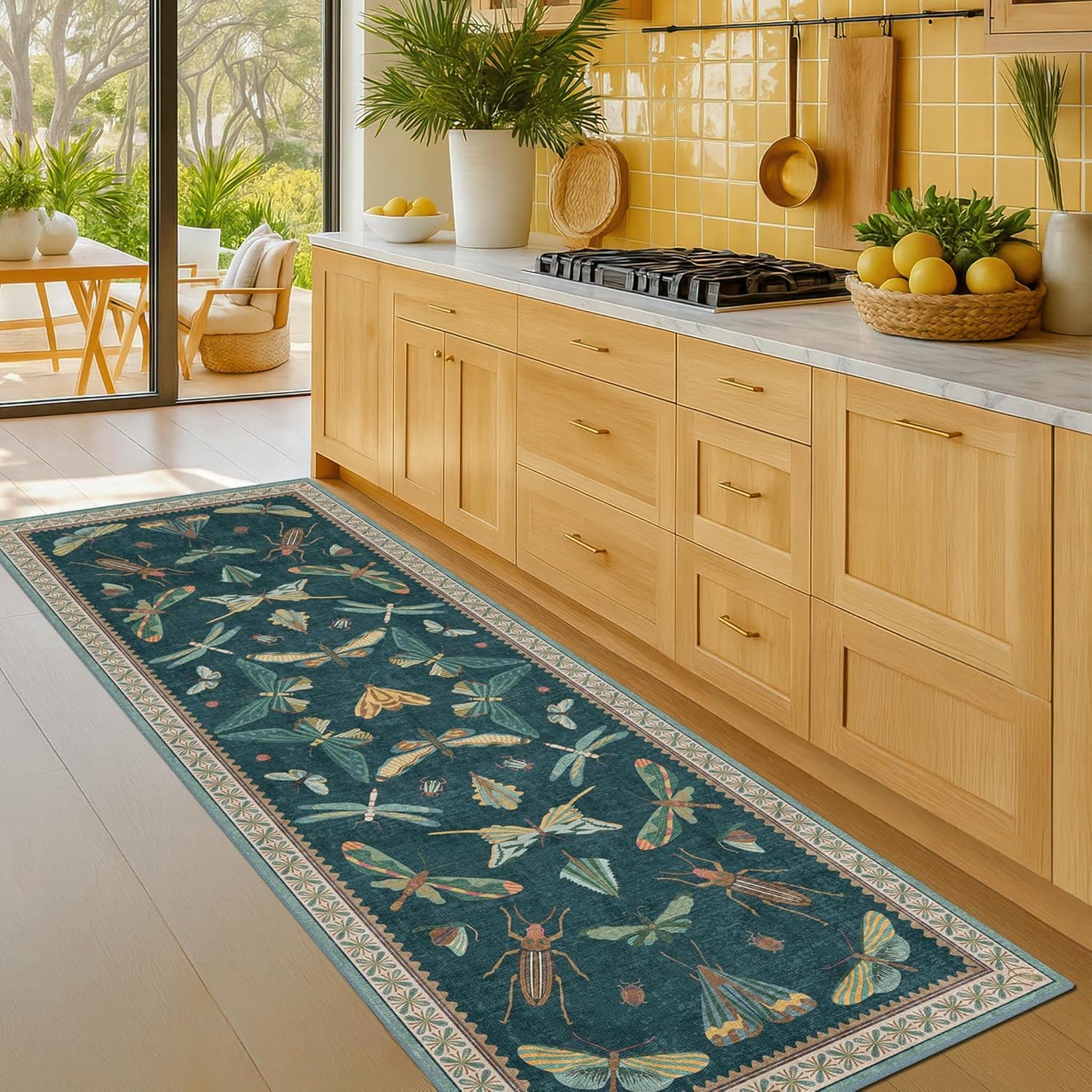 Brown and Green Kitchen Sink Runner Rug 2x6 - Teal Boho Bathroom Rugs for Entrance Indoor, Insect Print Floral Vintage, Washable Non Skid Stain Resistant