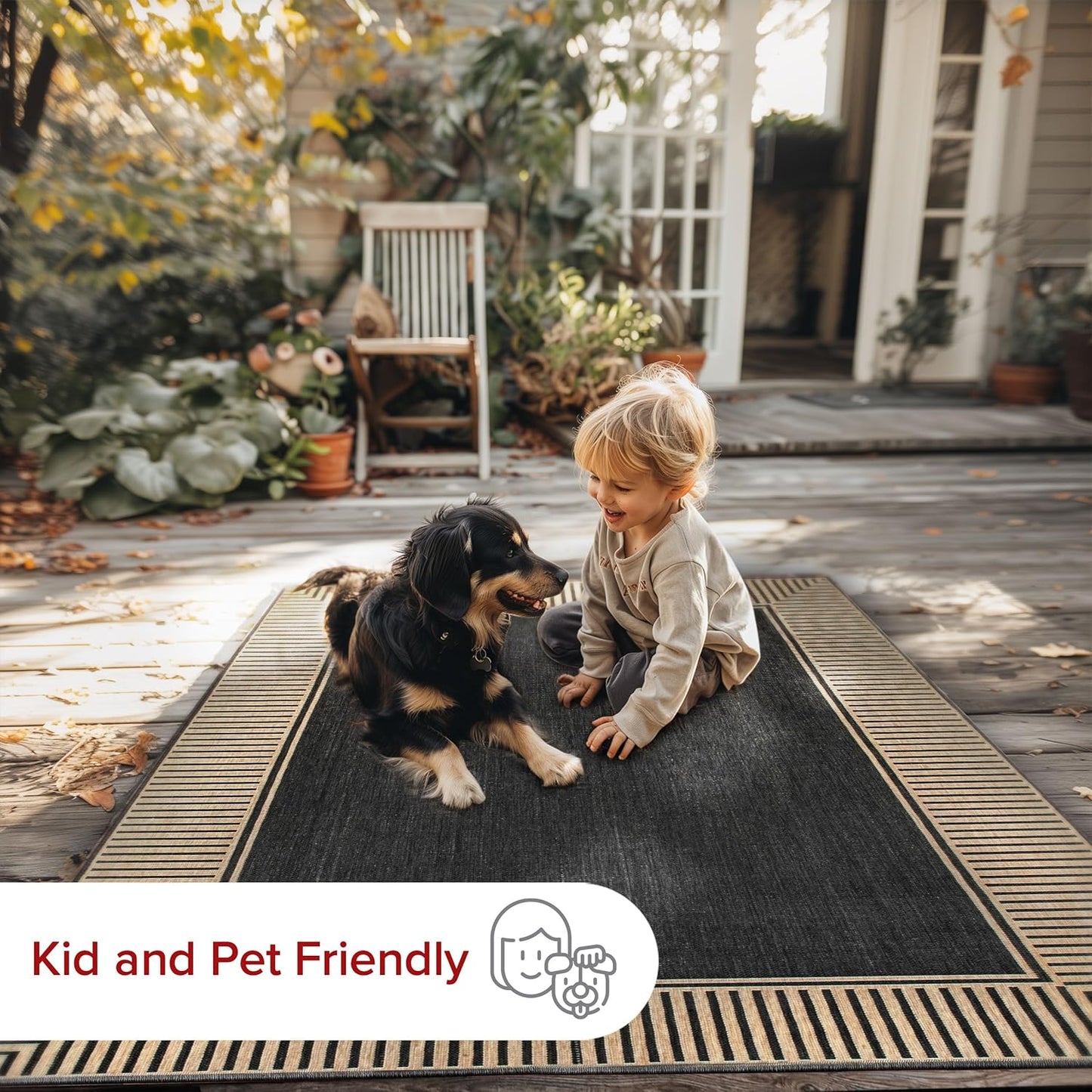 nuLOOM 2' x 8' Outdoor Area Rug, Casual Design With Striped Border, Stain Resistant, Highly Durable, For Patio, Balcony, Bedroom, Living Room, Dining Room, Bathroom, Dark Grey